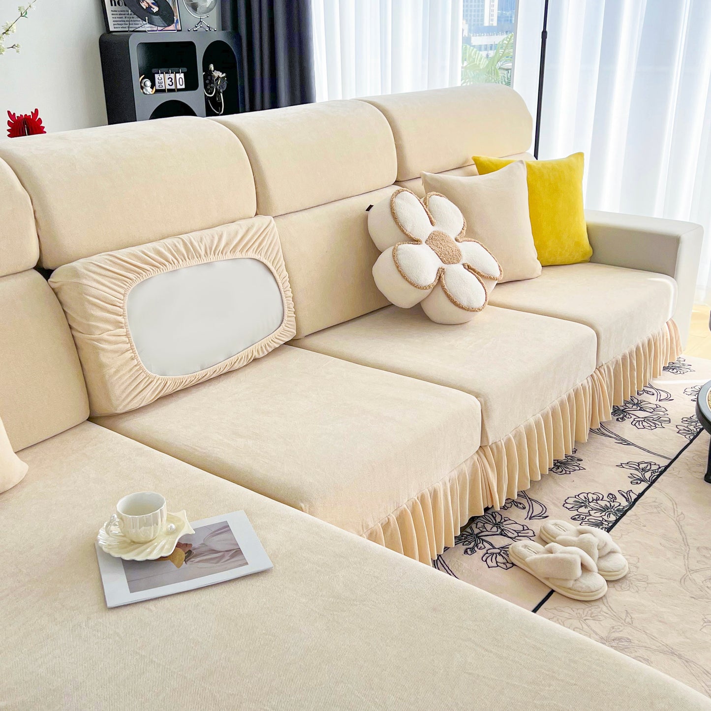 Universal Elastic Skirt Sofa Slipcover, Stretch Sofa Cushion Cover For Bedroom Office Living Room, beige setup with decor.