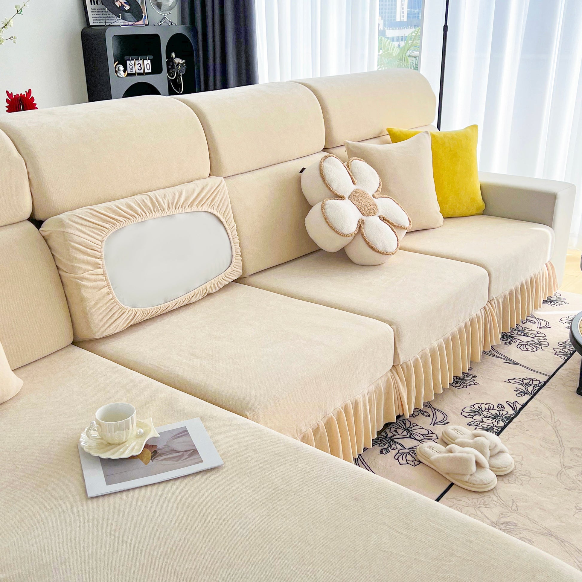Universal Elastic Skirt Sofa Slipcover, Stretch Sofa Cushion Cover For Bedroom Office Living Room, beige setup with decor.