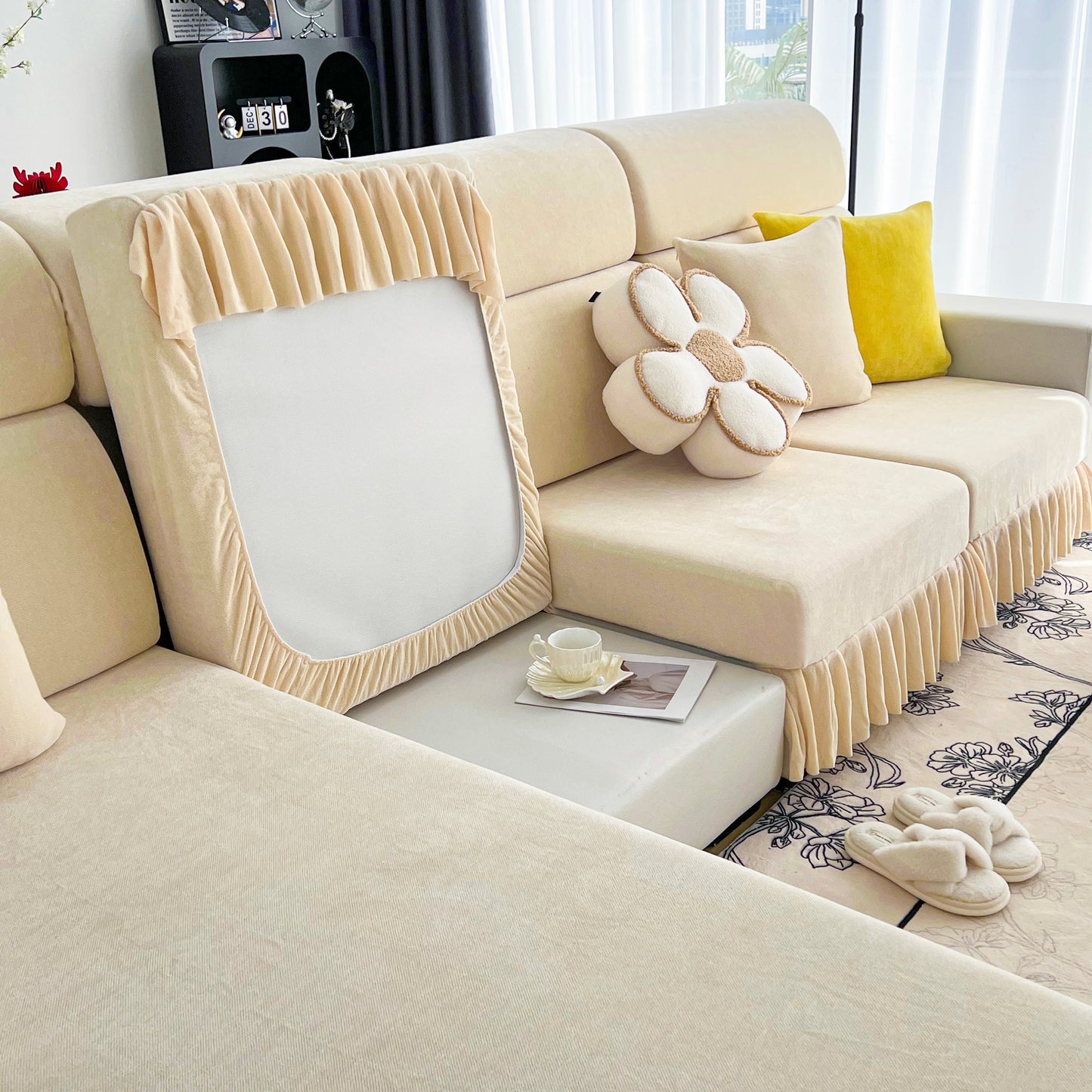 Universal Elastic Skirt Sofa Slipcover, Stretch Sofa Cushion Cover For Bedroom Office Living Room on beige couch