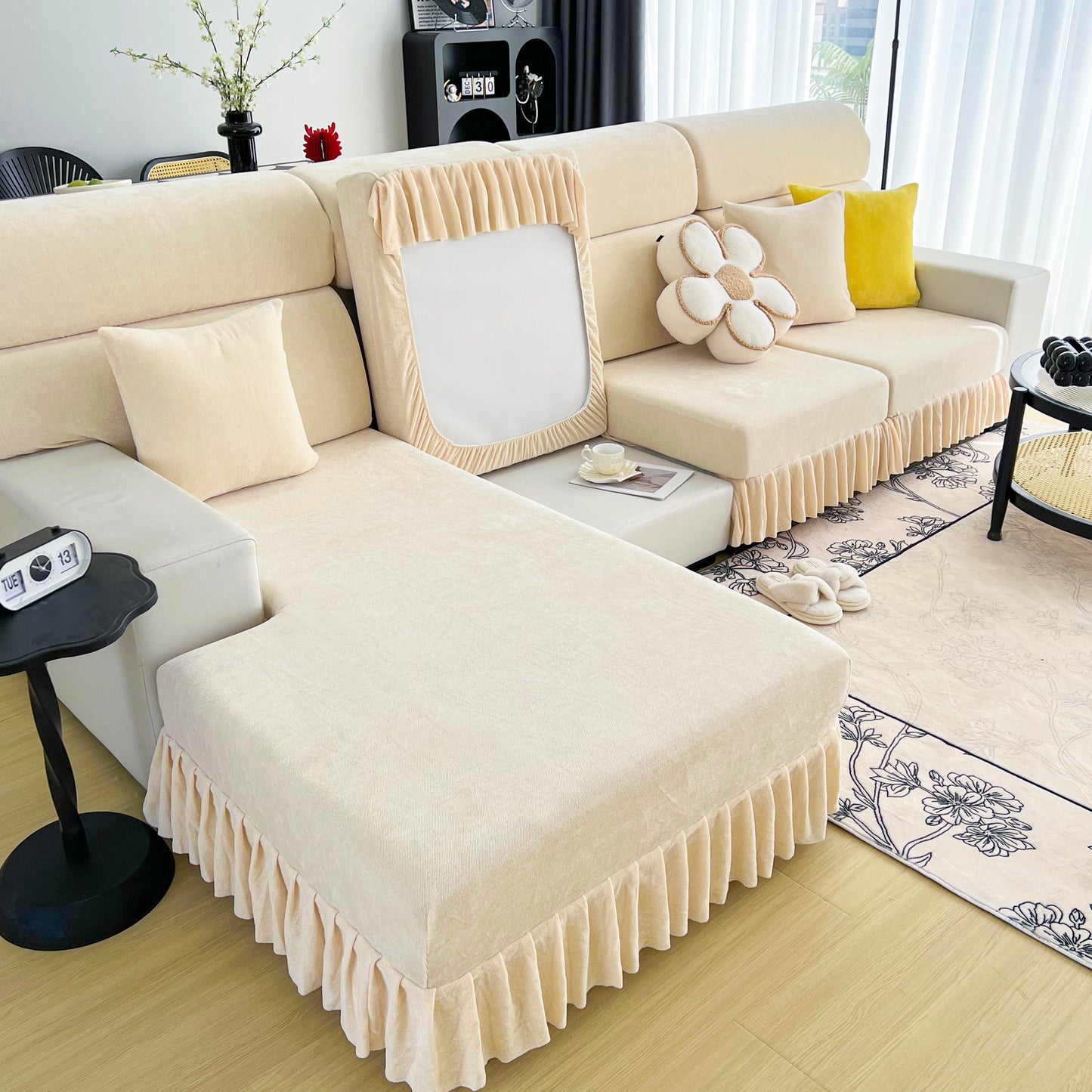 Universal Elastic Skirt Sofa Slipcover, Stretch Sofa Cushion Cover For Bedroom Office Living Room in a modern beige setting.