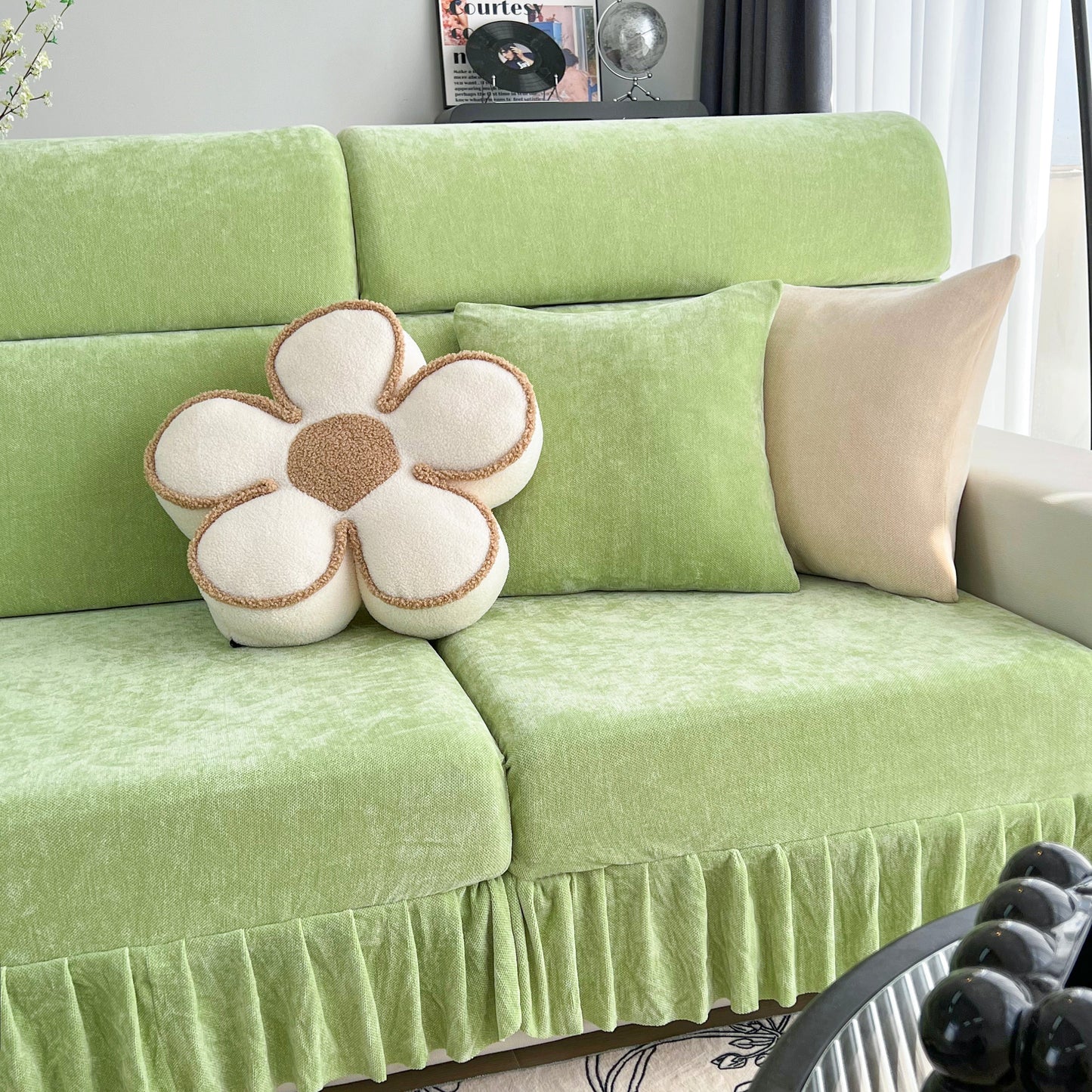 Universal Elastic Skirt Sofa Slipcover, Stretch Sofa Cushion Cover For Bedroom Office Living Room in green with flower cushion.