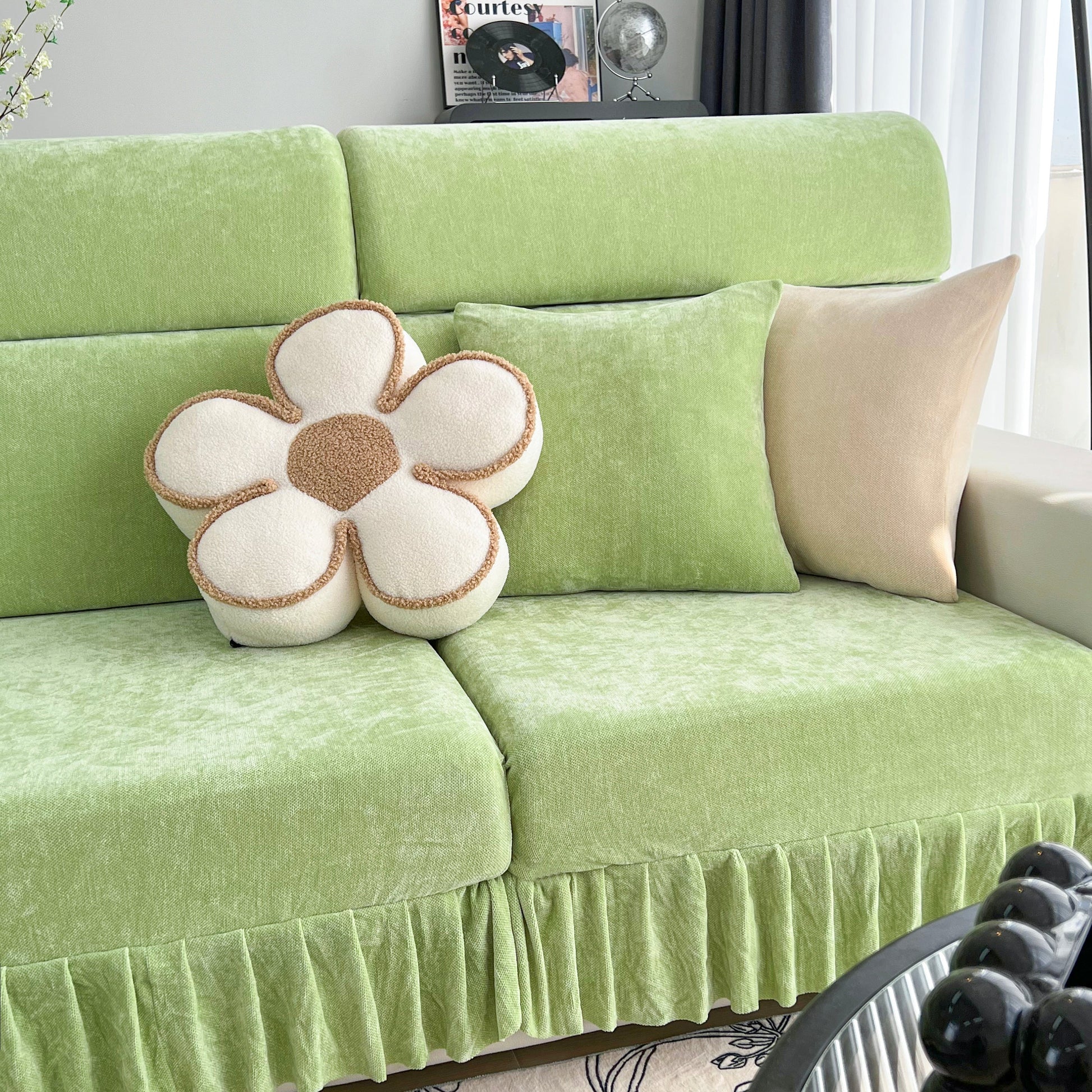 Universal Elastic Skirt Sofa Slipcover, Stretch Sofa Cushion Cover For Bedroom Office Living Room in green with flower cushion.
