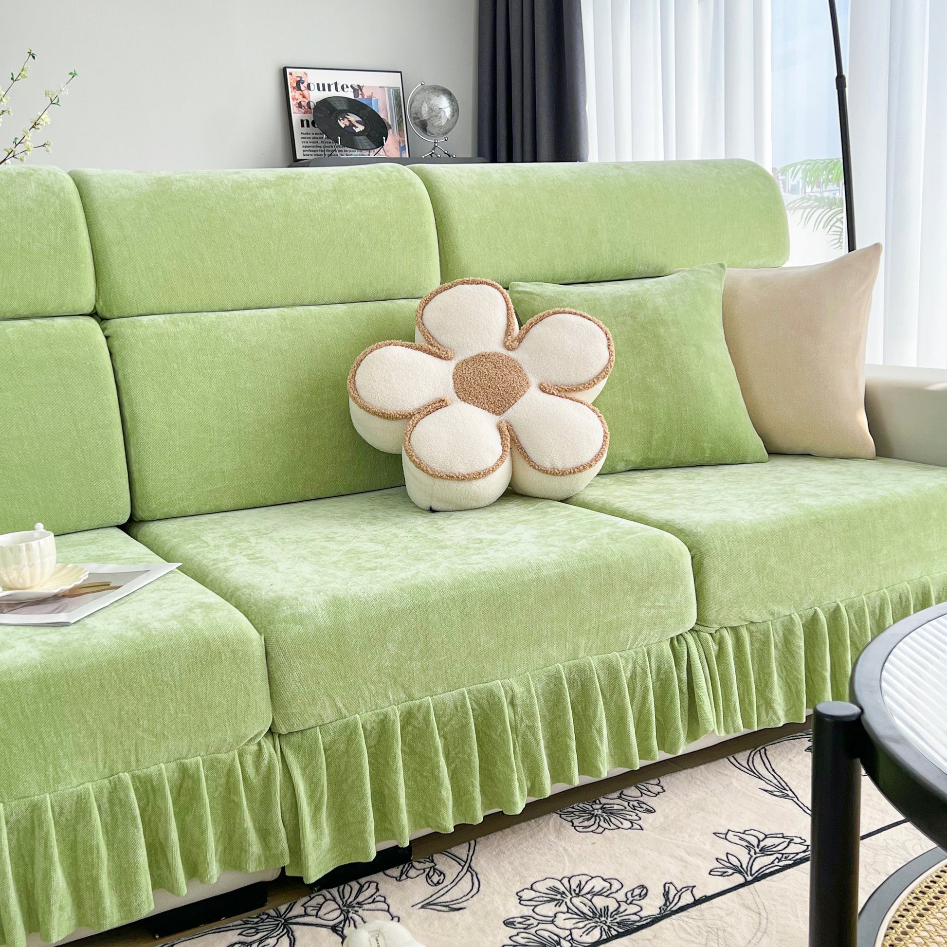 Universal Elastic Skirt Sofa Slipcover, Stretch Sofa Cushion Cover For Bedroom Office Living Room in green with decorative pillows