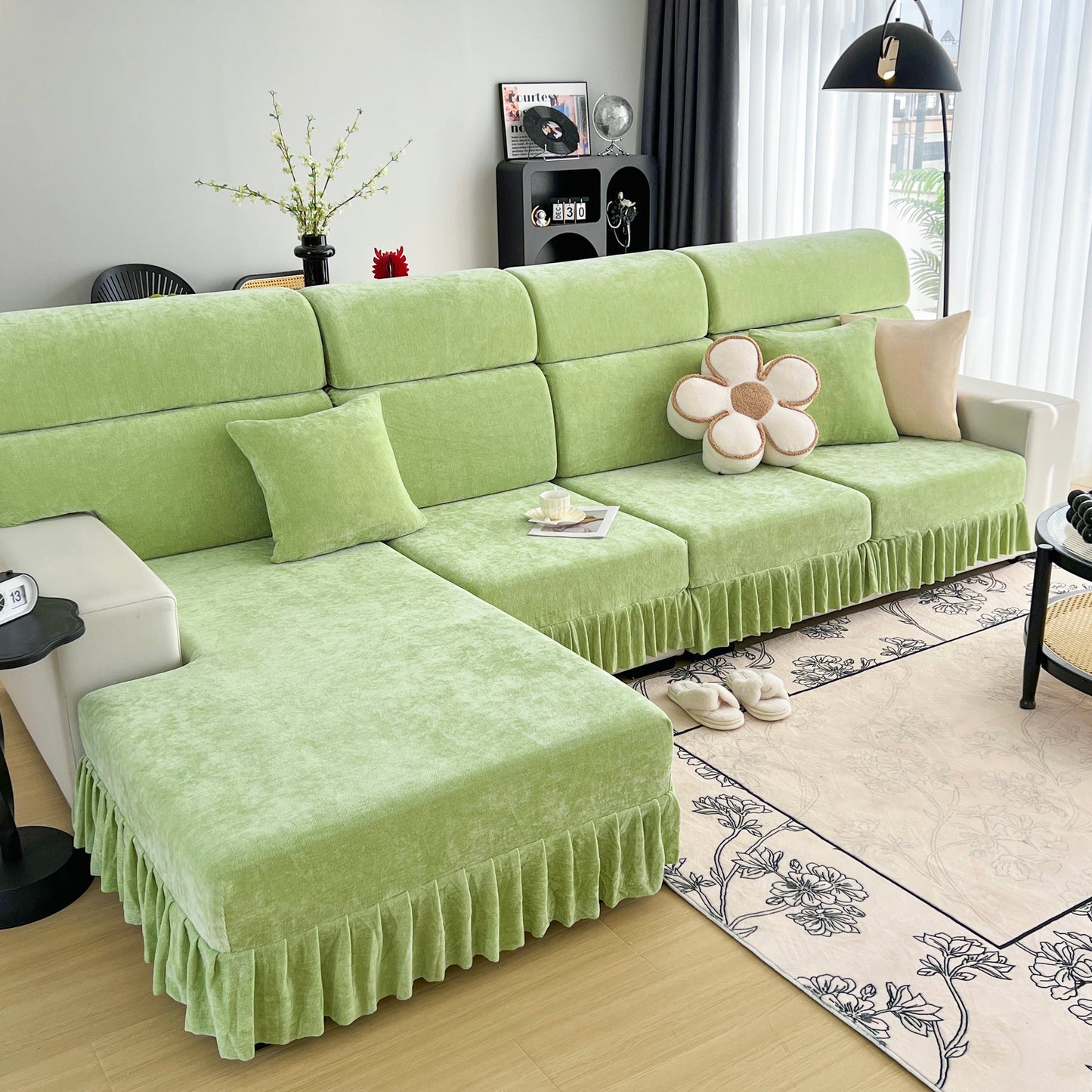 Green Universal Elastic Skirt Sofa Slipcover, Stretch Sofa Cushion Cover For Bedroom Office Living Room on a modern sofa.