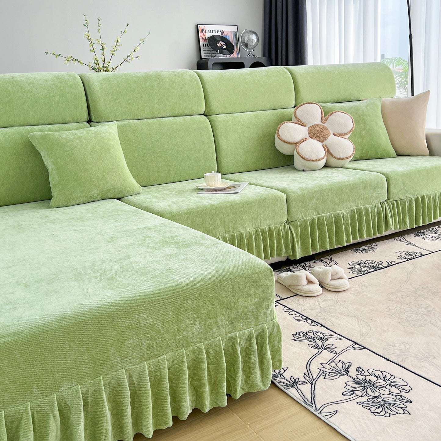 Universal Elastic Skirt Sofa Slipcover, Stretch Sofa Cushion Cover For Bedroom Office Living Room in elegant green setting