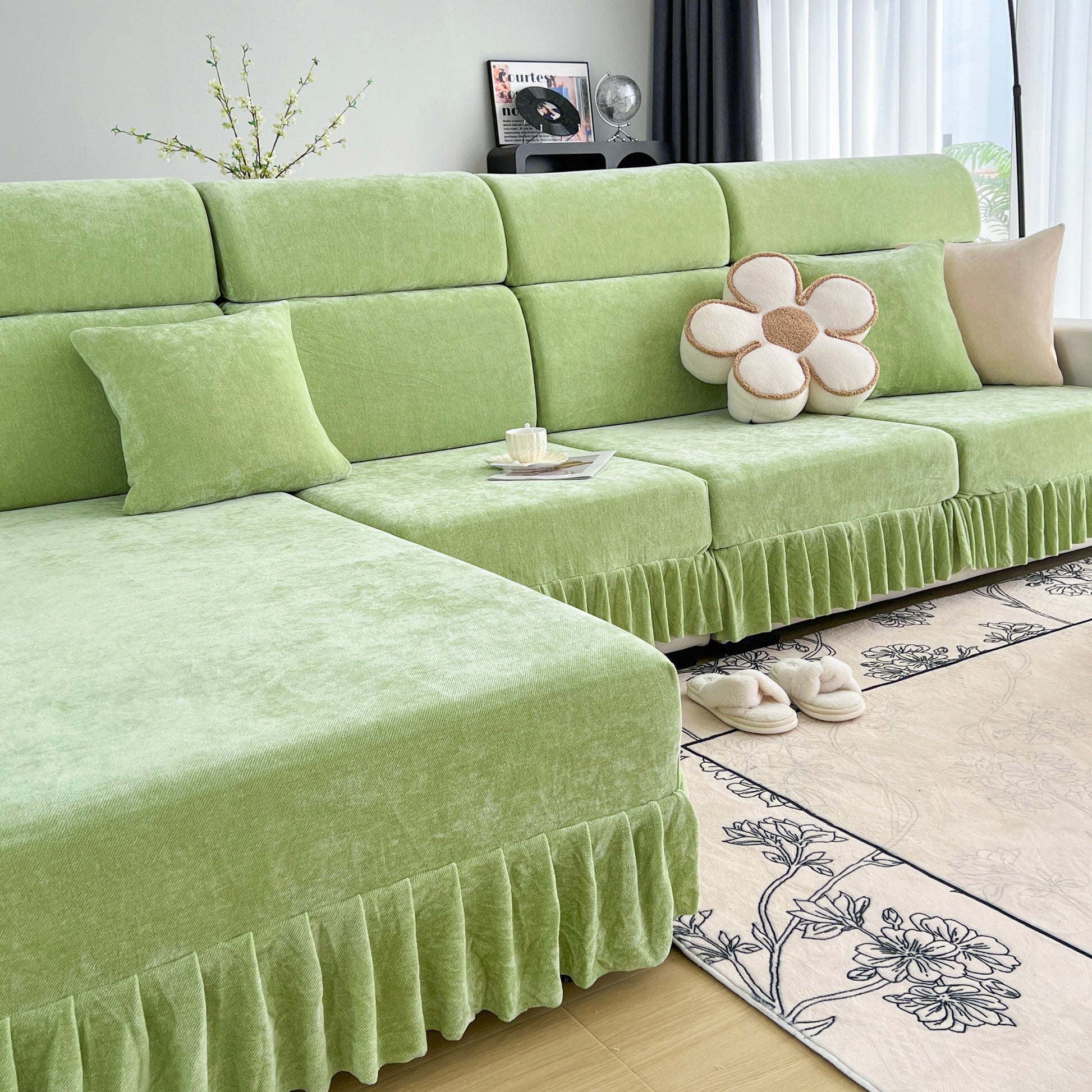Universal Elastic Skirt Sofa Slipcover, Stretch Sofa Cushion Cover For Bedroom Office Living Room in elegant green setting