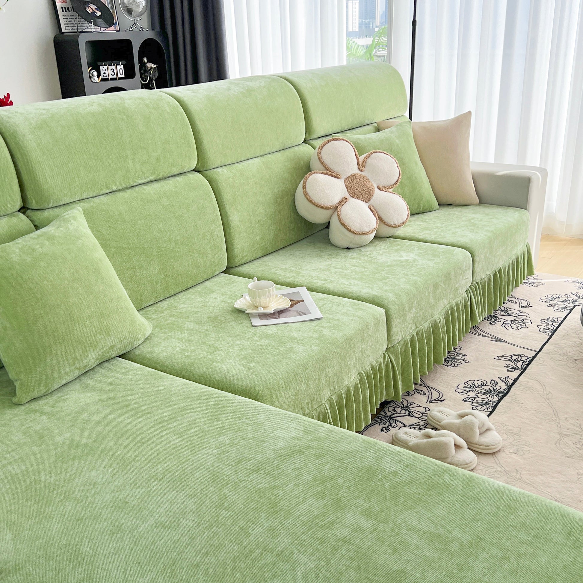 Universal Elastic Skirt Sofa Slipcover, Stretch Sofa Cushion Cover For Bedroom Office Living Room, green chenille fabric on sofa