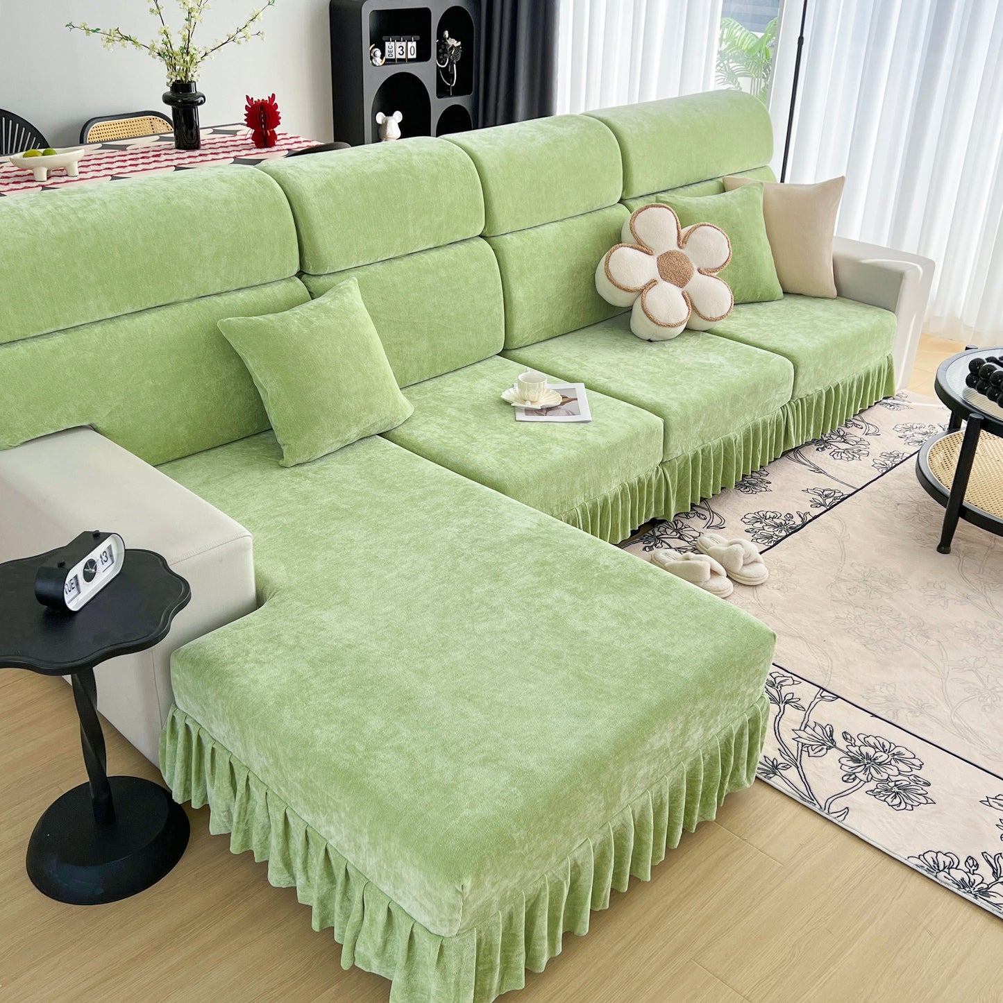 Universal Elastic Skirt Sofa Slipcover, Stretch Sofa Cushion Cover For Bedroom Office Living Room in green on a modern couch
