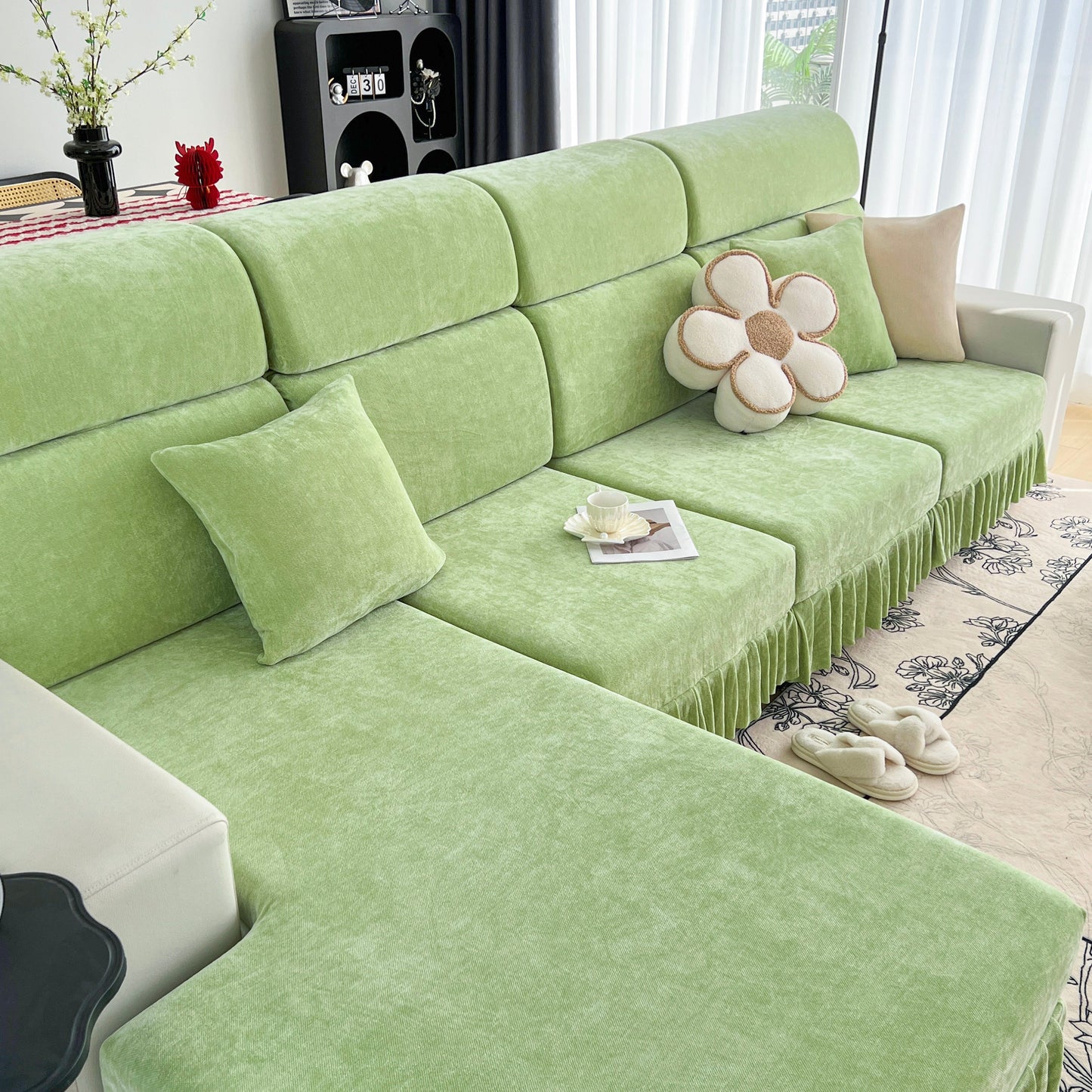 Green sofa with Universal Elastic Skirt Sofa Slipcover, Stretch Sofa Cushion Cover for Bedroom Office Living Room, flower pillow accent