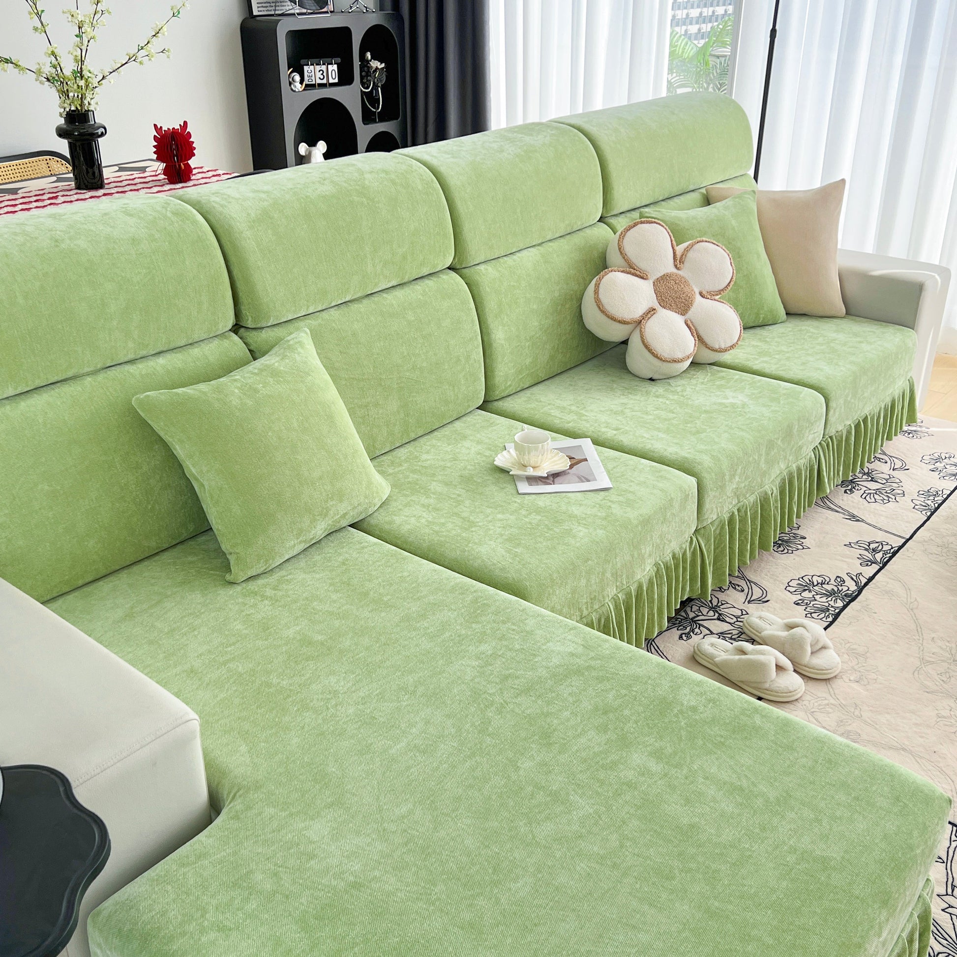 Green sofa with Universal Elastic Skirt Sofa Slipcover, Stretch Sofa Cushion Cover for Bedroom Office Living Room, flower pillow accent