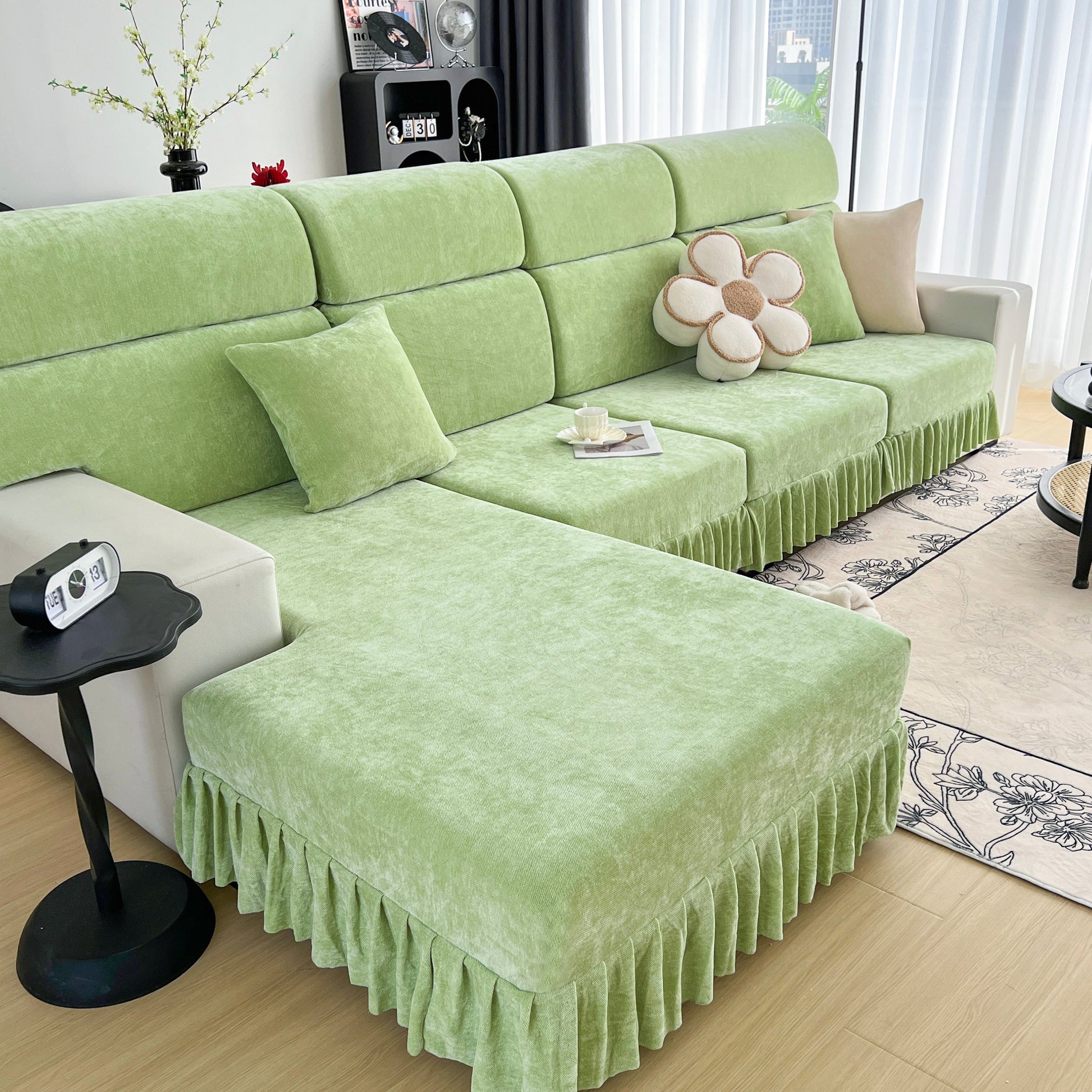 Universal Elastic Skirt Sofa Slipcover, Stretch Sofa Cushion Cover for Bedroom Office Living Room in green chenille fabric