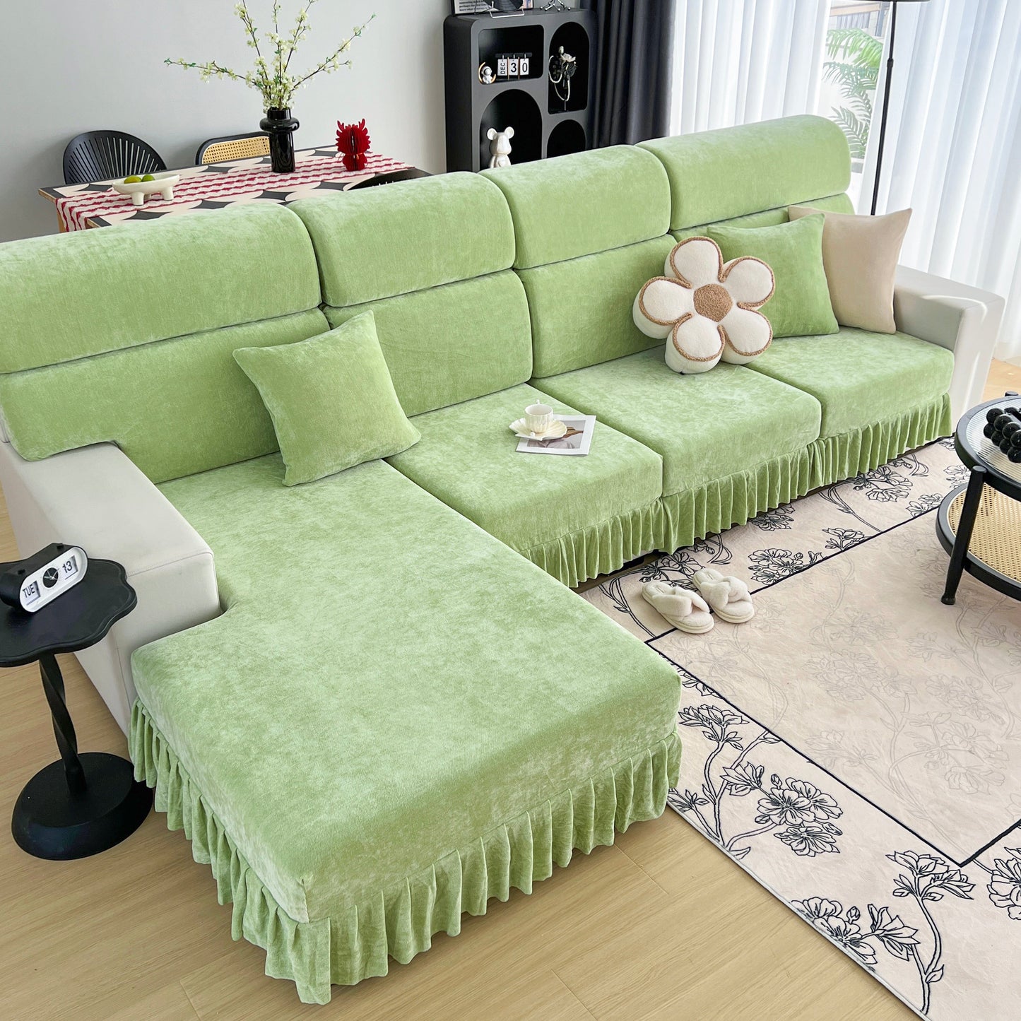 Universal Elastic Skirt Sofa Slipcover, Stretch Sofa Cushion Cover For Bedroom Office Living Room in green Chenille fabric
