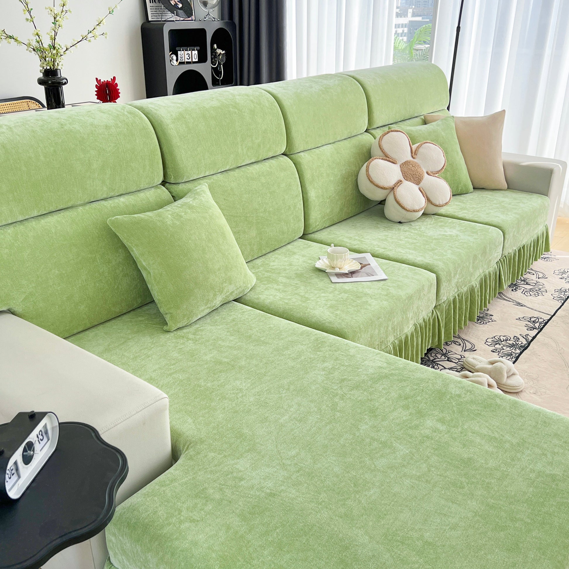 Universal Elastic Skirt Sofa Slipcover, Stretch Sofa Cushion Cover For Bedroom Office Living Room on green couch