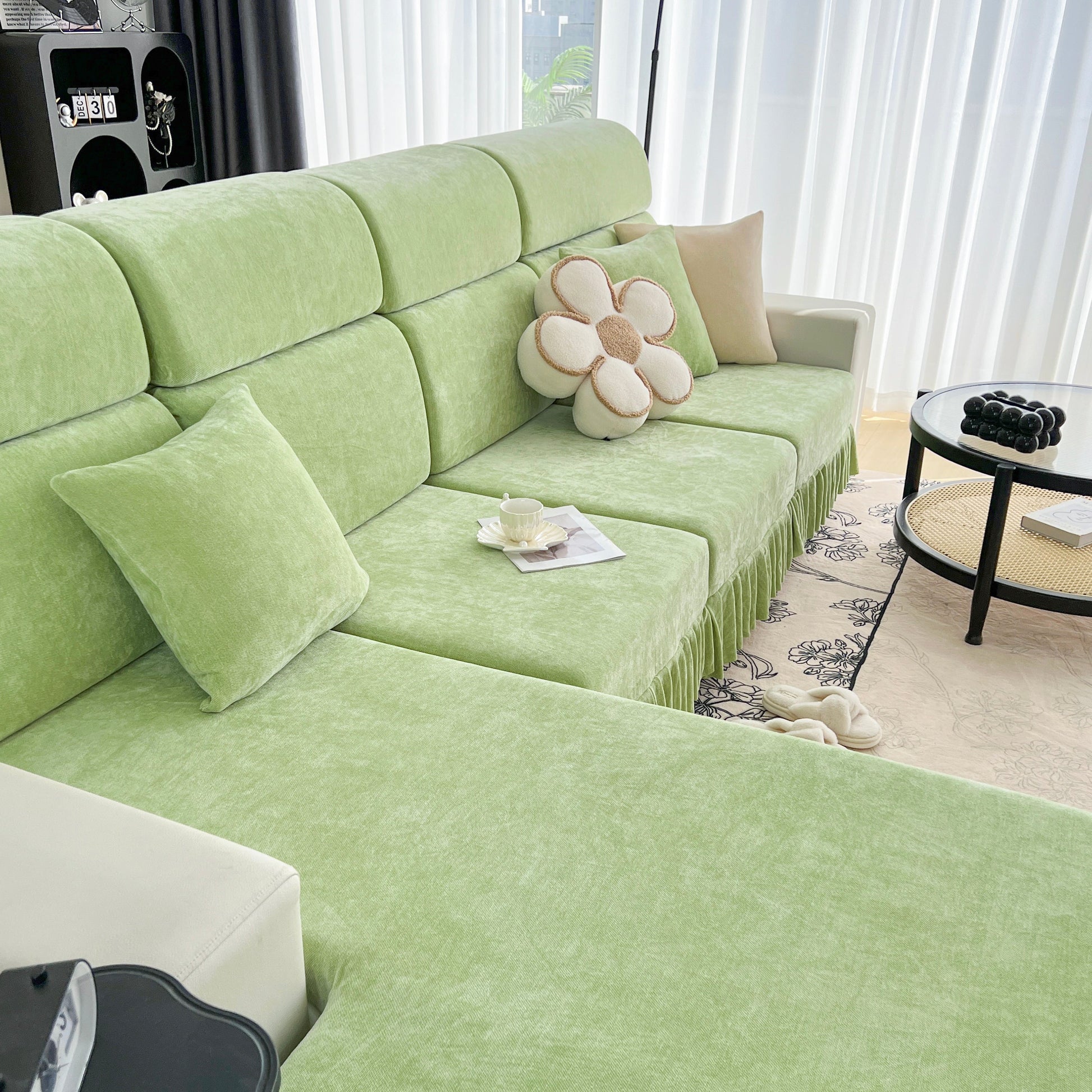 Universal Elastic Skirt Sofa Slipcover, Stretch Sofa Cushion Cover For Bedroom Office Living Room in stylish green chenille fabric