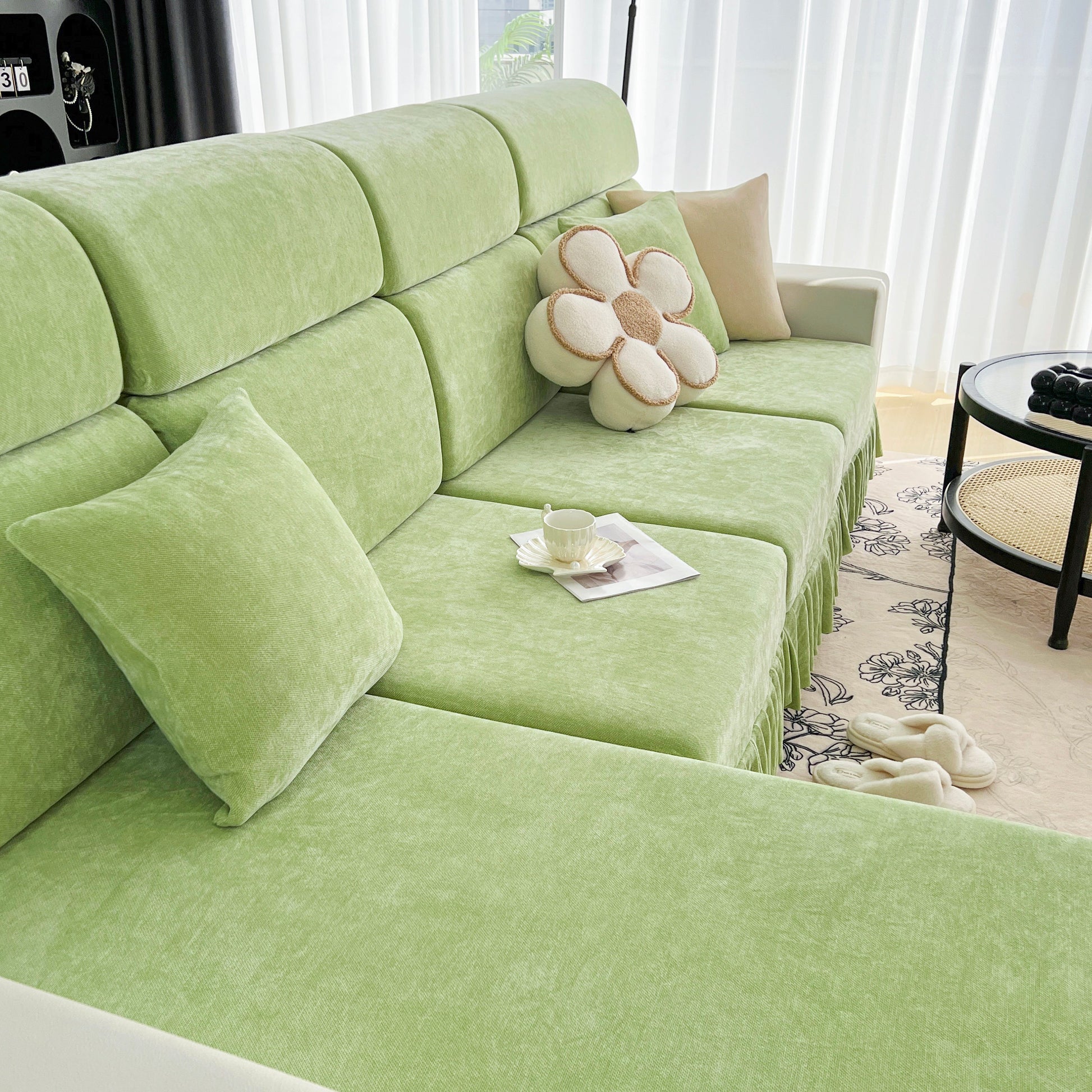 Universal Elastic Skirt Sofa Slipcover, Stretch Sofa Cushion Cover For Bedroom Office Living Room in light green on modern sofa