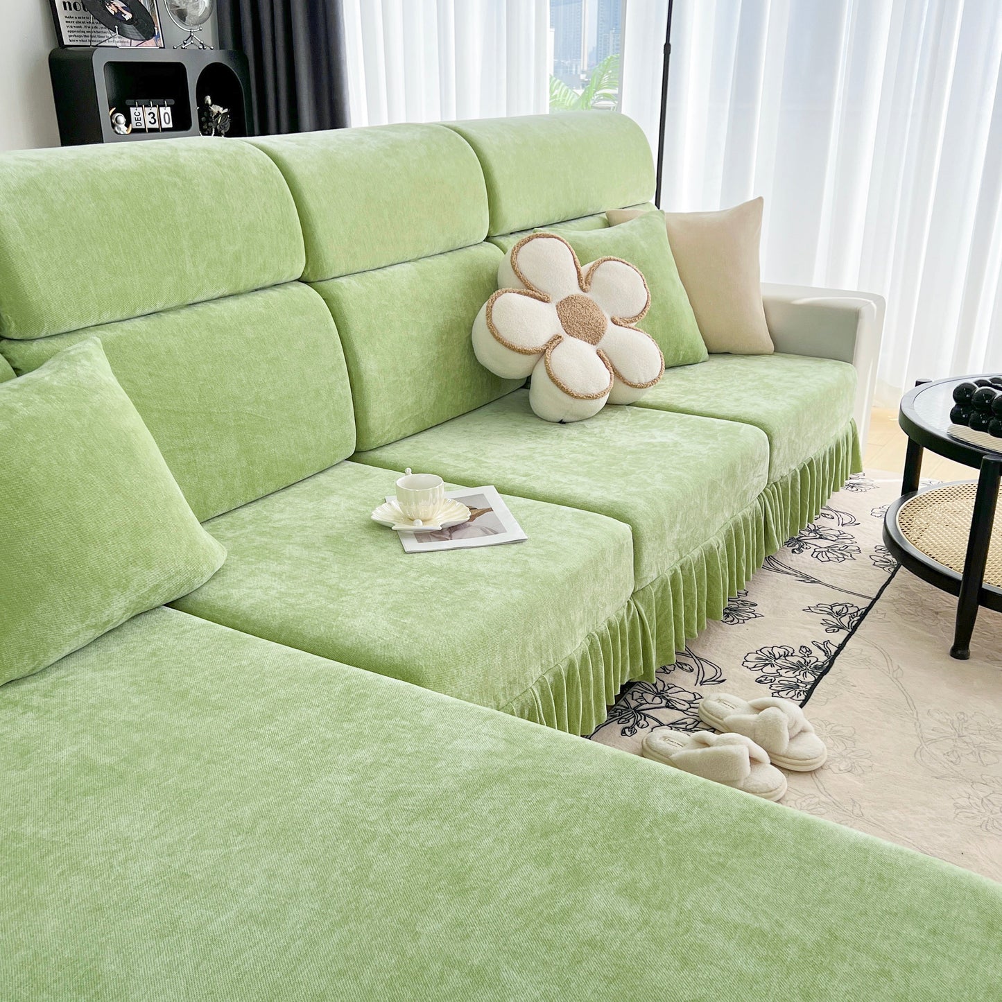 Green sofa with Universal Elastic Skirt Sofa Slipcover, Stretch Sofa Cushion Cover For Bedroom Office Living Room