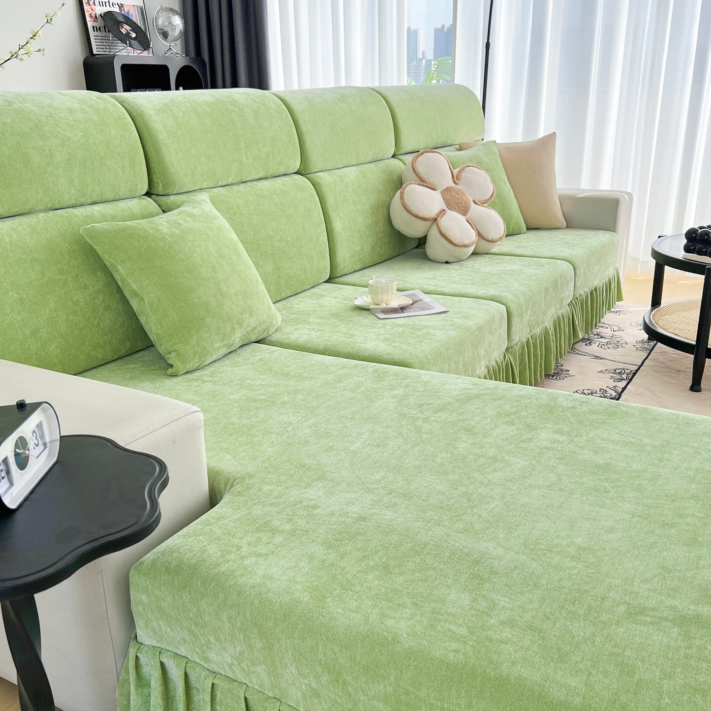 Universal Elastic Skirt Sofa Slipcover, Stretch Sofa Cushion Cover For Bedroom Office Living Room in a modern interior setting