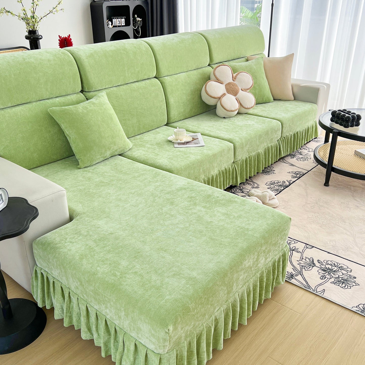 Universal Elastic Skirt Sofa Slipcover, Stretch Sofa Cushion Cover For Bedroom Office Living Room in green Chenille fabric