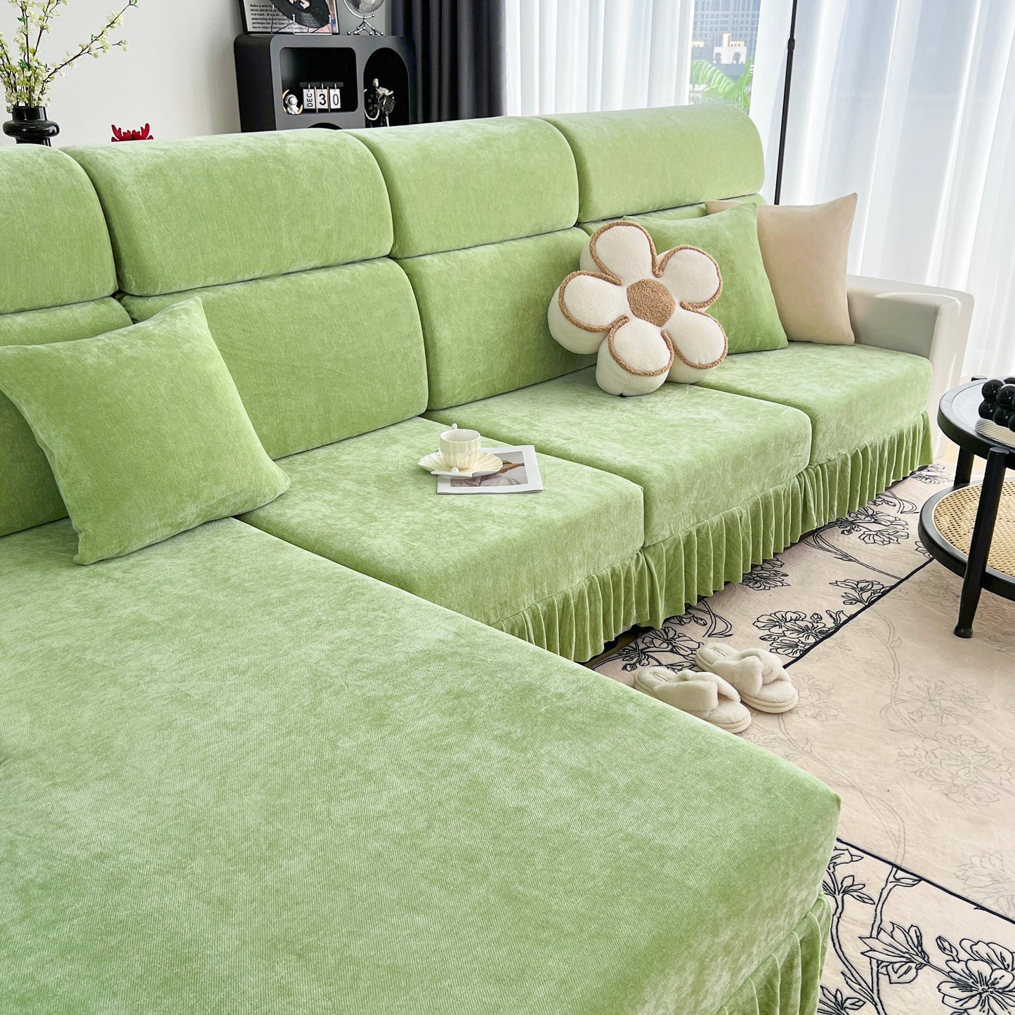 Universal Elastic Skirt Sofa Slipcover, Stretch Sofa Cushion Cover For Bedroom Office Living Room in green with decor