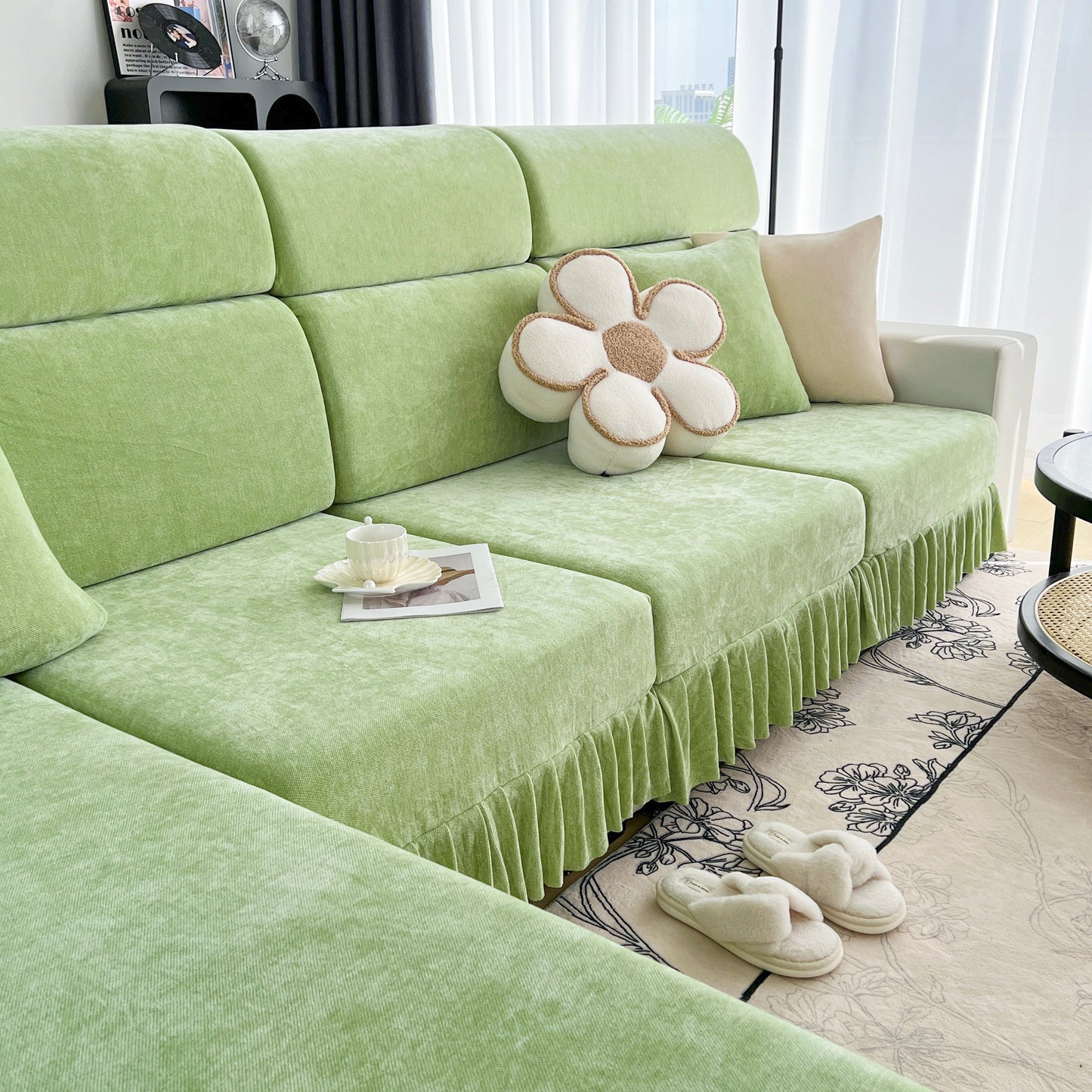 Elegant living room with Universal Elastic Skirt Sofa Slipcover in green, stretch sofa cushion cover for bedroom office living room