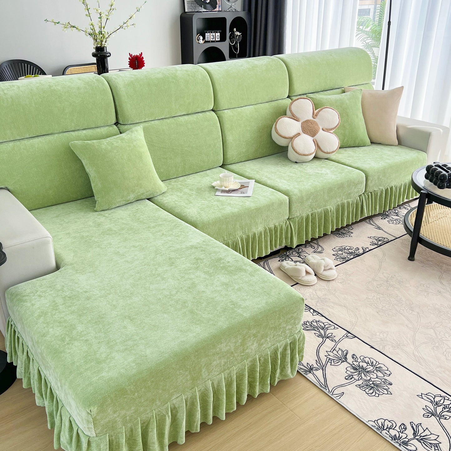 Universal Elastic Skirt Sofa Slipcover, Stretch Sofa Cushion Cover For Bedroom Office Living Room in a modern interior setting.