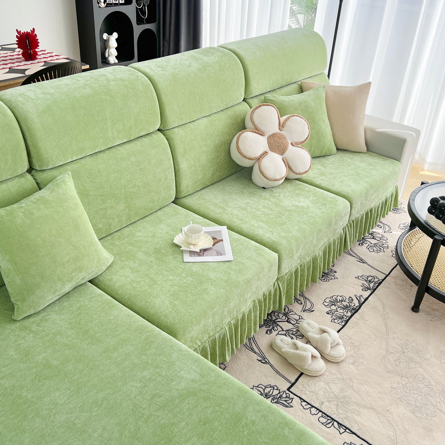 Universal Elastic Skirt Sofa Slipcover, Stretch Sofa Cushion Cover For Bedroom Office Living Room in green fabric on a sofa.