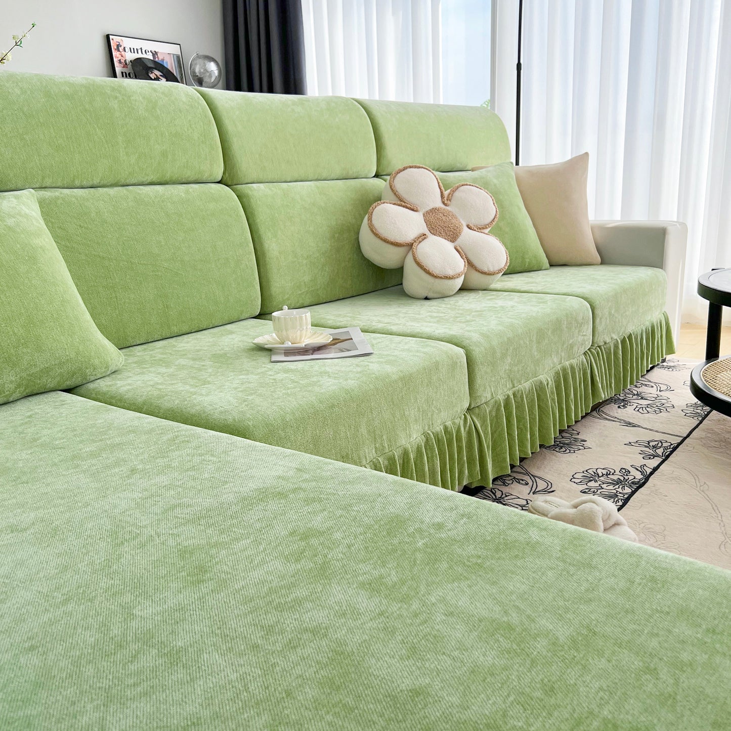 Universal Elastic Skirt Sofa Slipcover, Stretch Sofa Cushion Cover For Bedroom Office Living Room in green Chenille fabric.