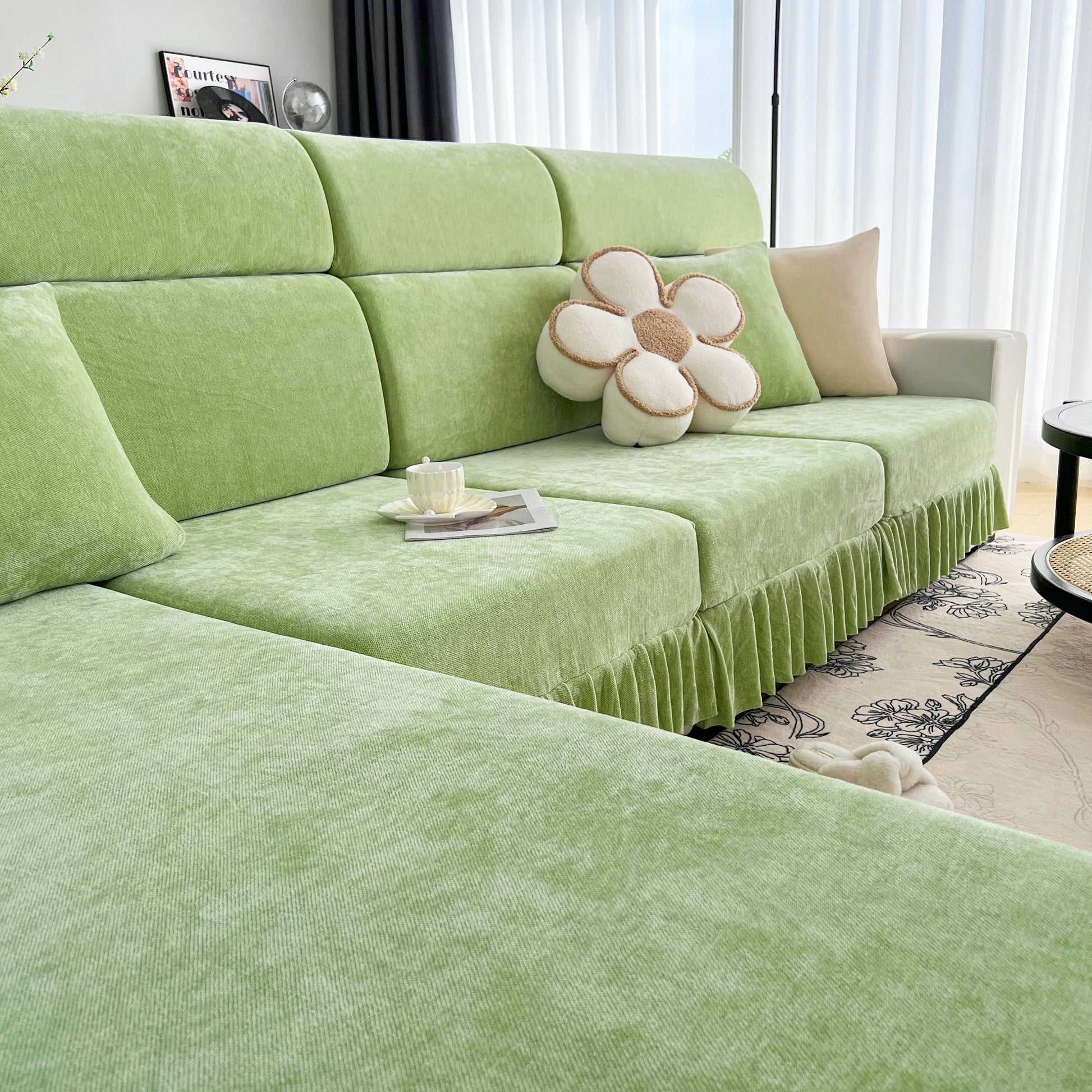 Universal Elastic Skirt Sofa Slipcover, Stretch Sofa Cushion Cover For Bedroom Office Living Room in green Chenille fabric.