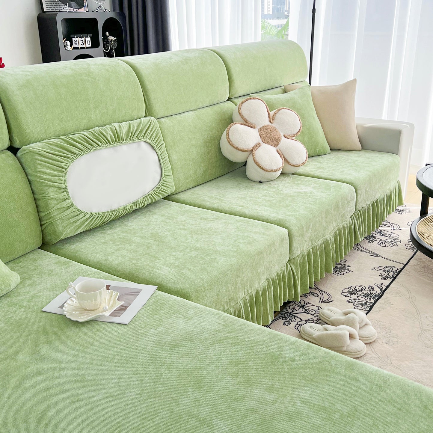 Universal Elastic Skirt Sofa Slipcover, Stretch Sofa Cushion Cover For Bedroom Office Living Room in stylish green design
