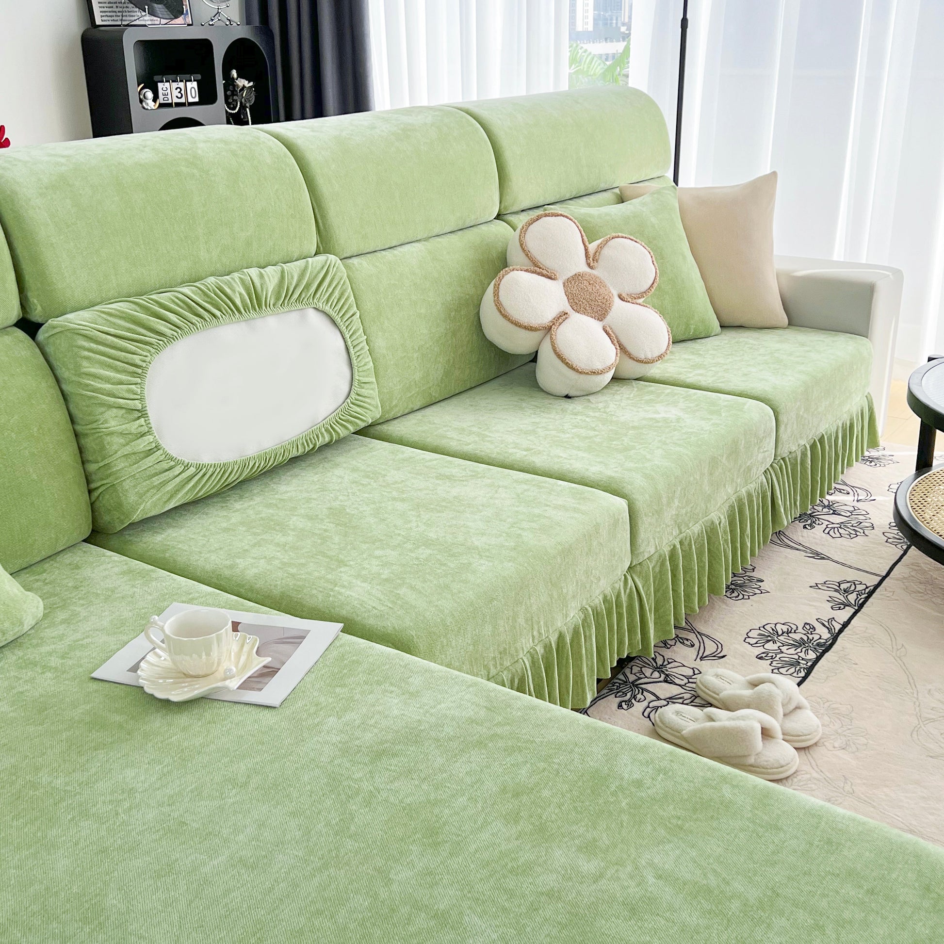 Universal Elastic Skirt Sofa Slipcover, Stretch Sofa Cushion Cover For Bedroom Office Living Room in stylish green design