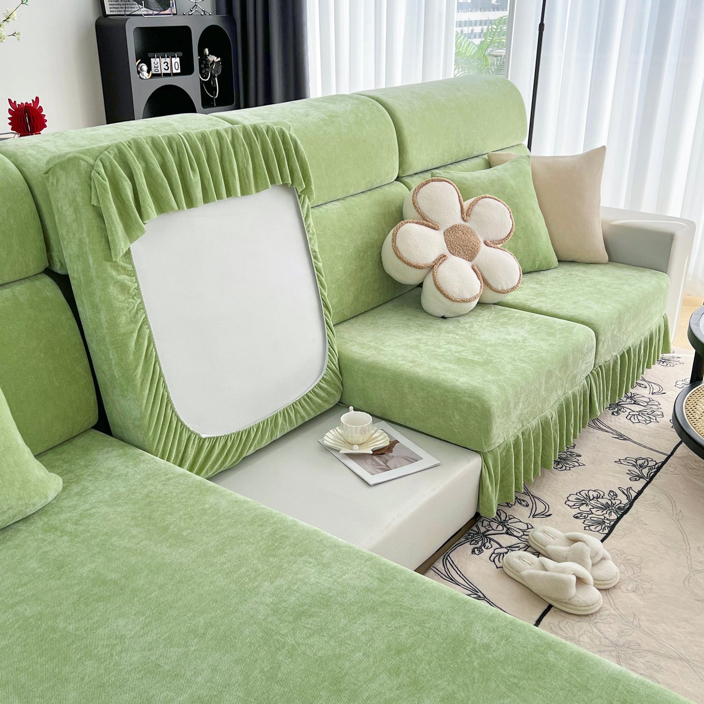 Universal Elastic Skirt Sofa Slipcover, Stretch Sofa Cushion Cover for Bedroom Office Living Room in light green setting