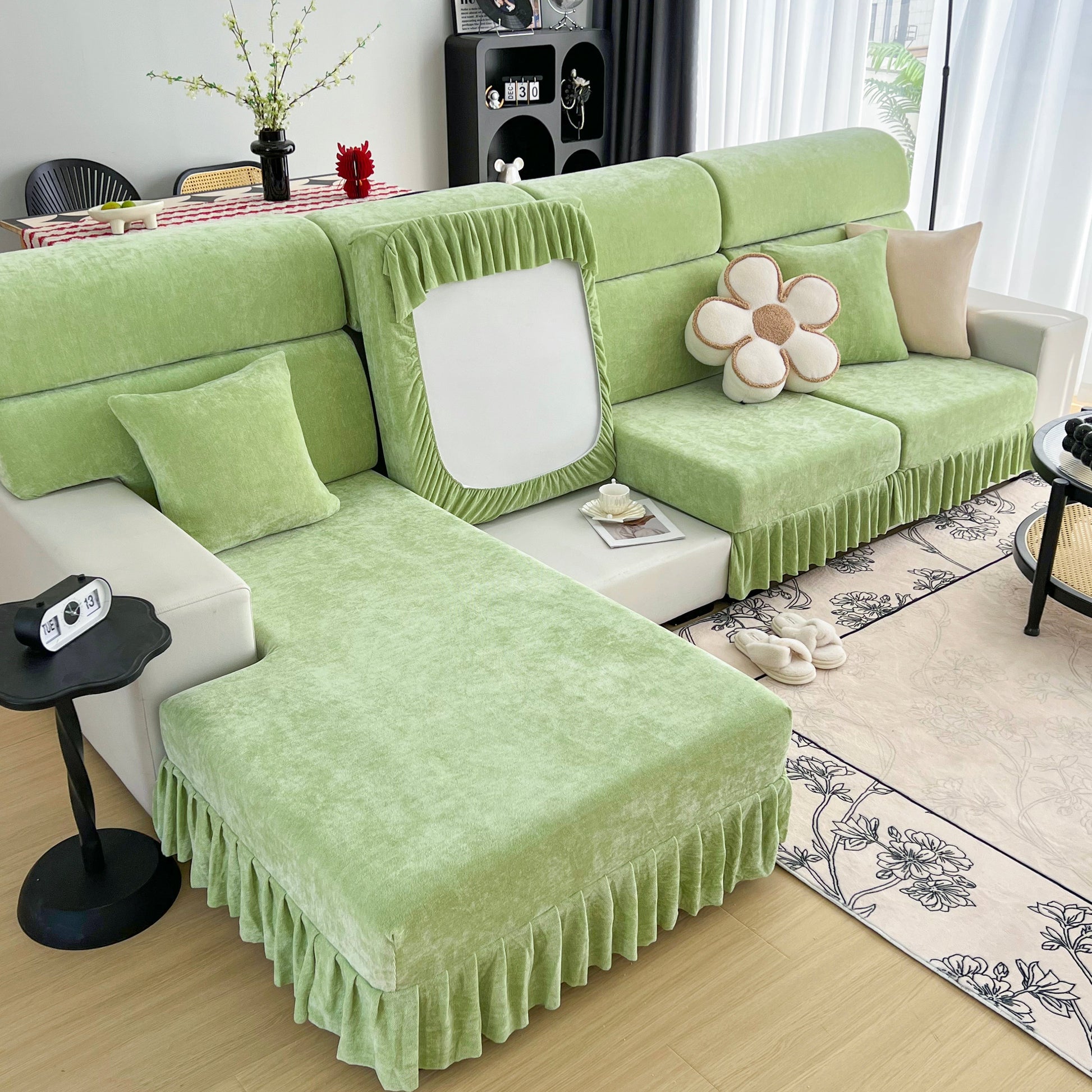 Green Universal Elastic Skirt Sofa Slipcover, Stretch Sofa Cushion Cover For Bedroom Office Living Room enhancing modern decor