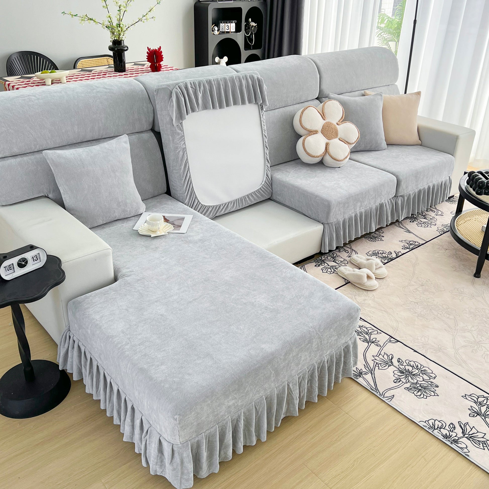 Universal Elastic Skirt Sofa Slipcover, Stretch Sofa Cushion Cover For Bedroom Office Living Room in stylish gray design