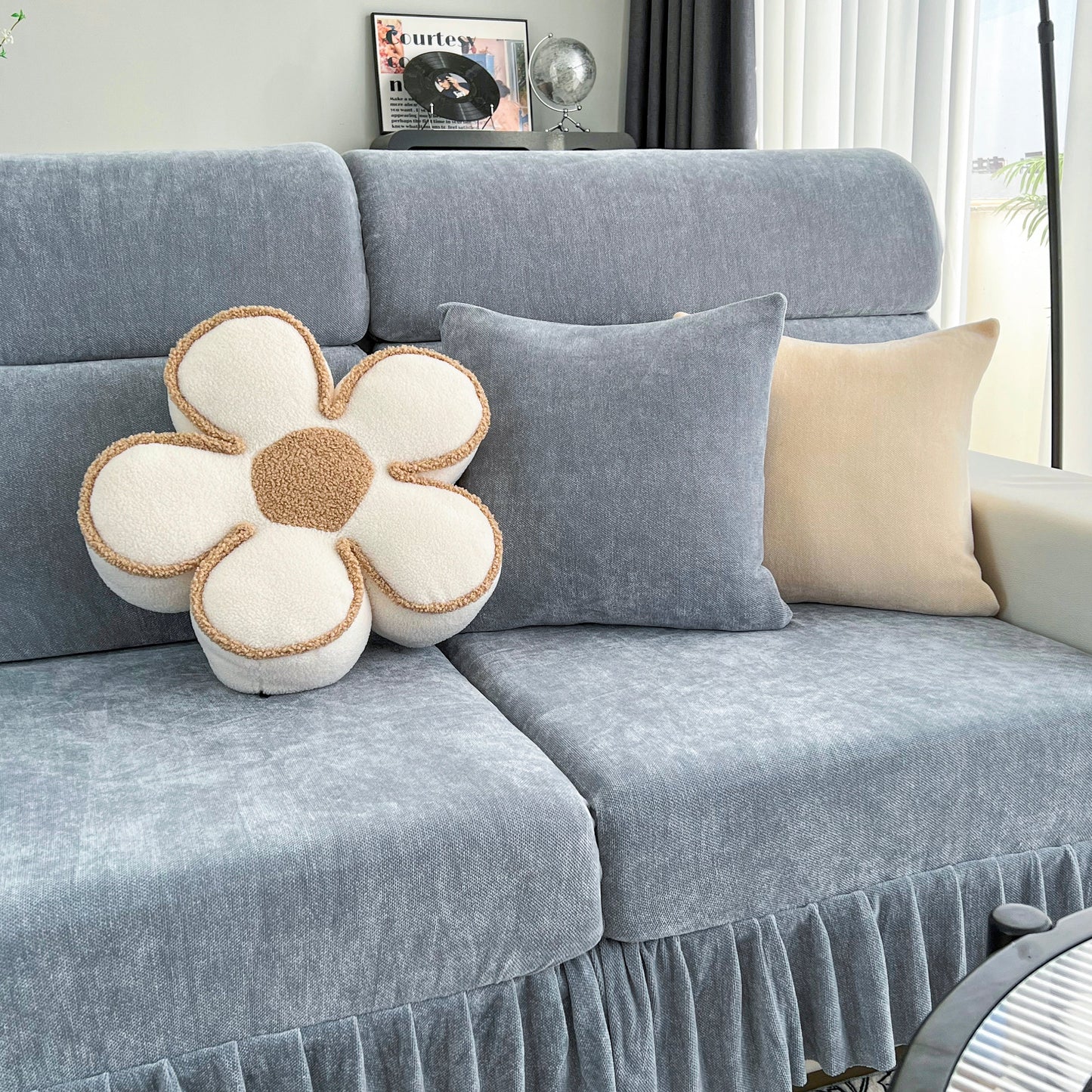 Universal Elastic Skirt Sofa Slipcover, Stretch Sofa Cushion Cover For Bedroom Office Living Room displaying floral cushion on sofa.