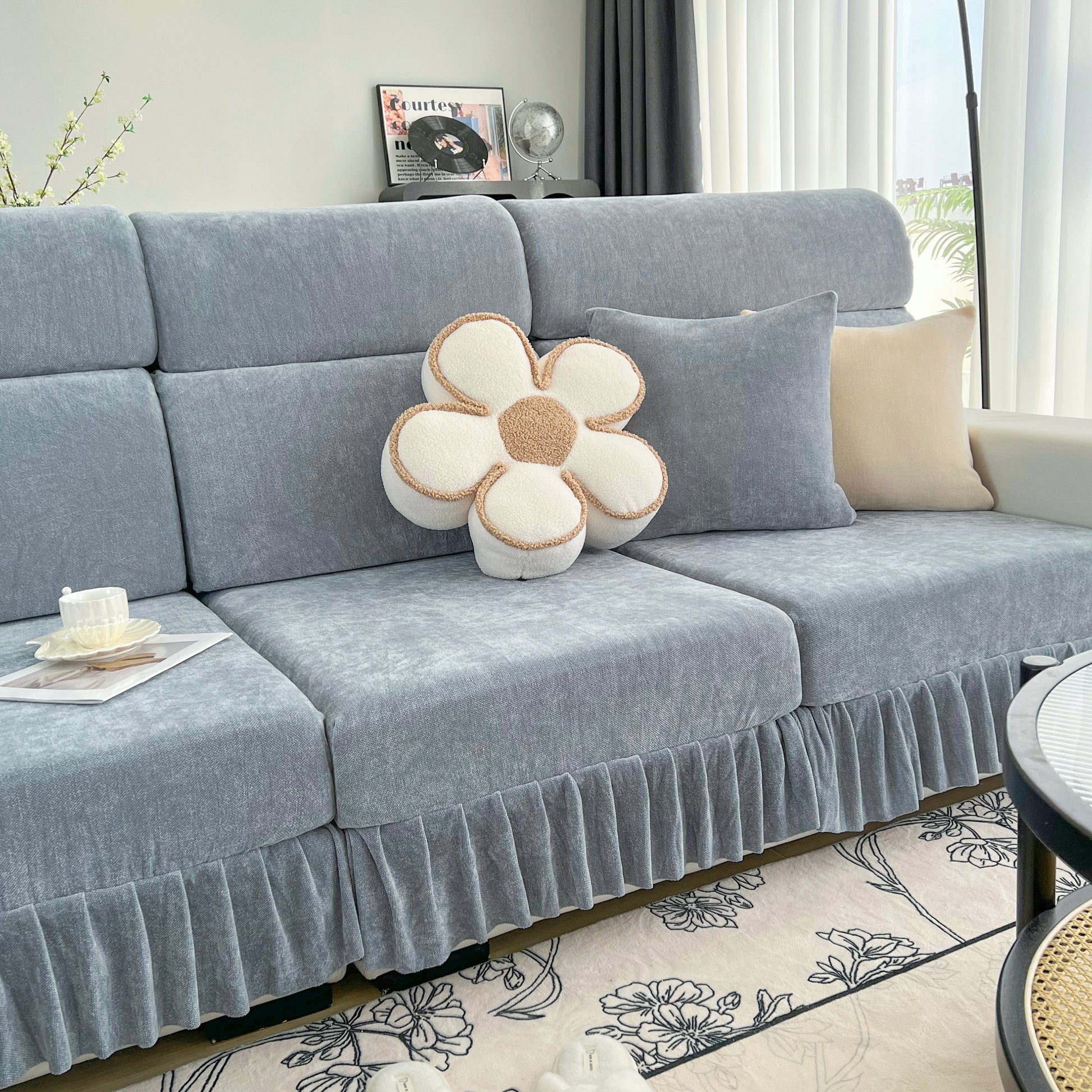 Universal Elastic Skirt Sofa Slipcover, Stretch Sofa Cushion Cover For Bedroom Office Living Room in elegant grey design.