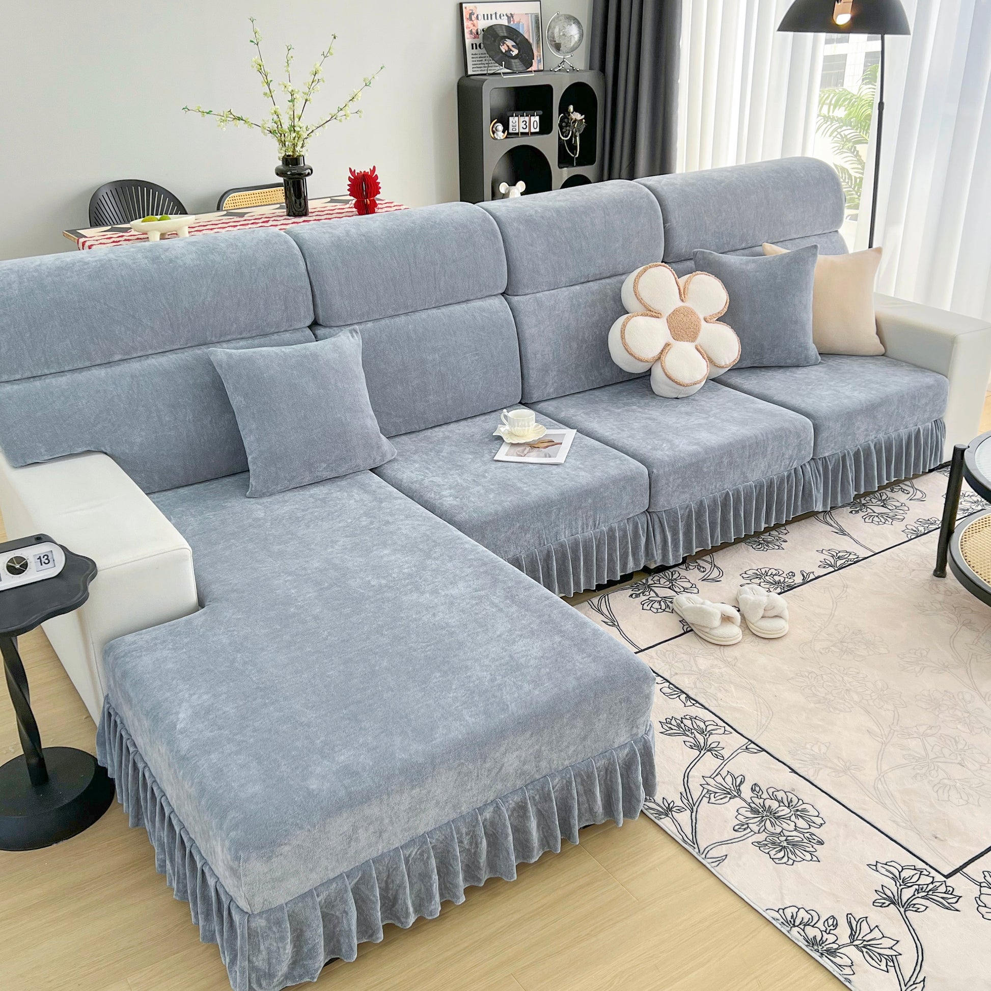 Universal Elastic Skirt Sofa Slipcover in use, showcasing stylish and functional design for living room, bedroom, or office.