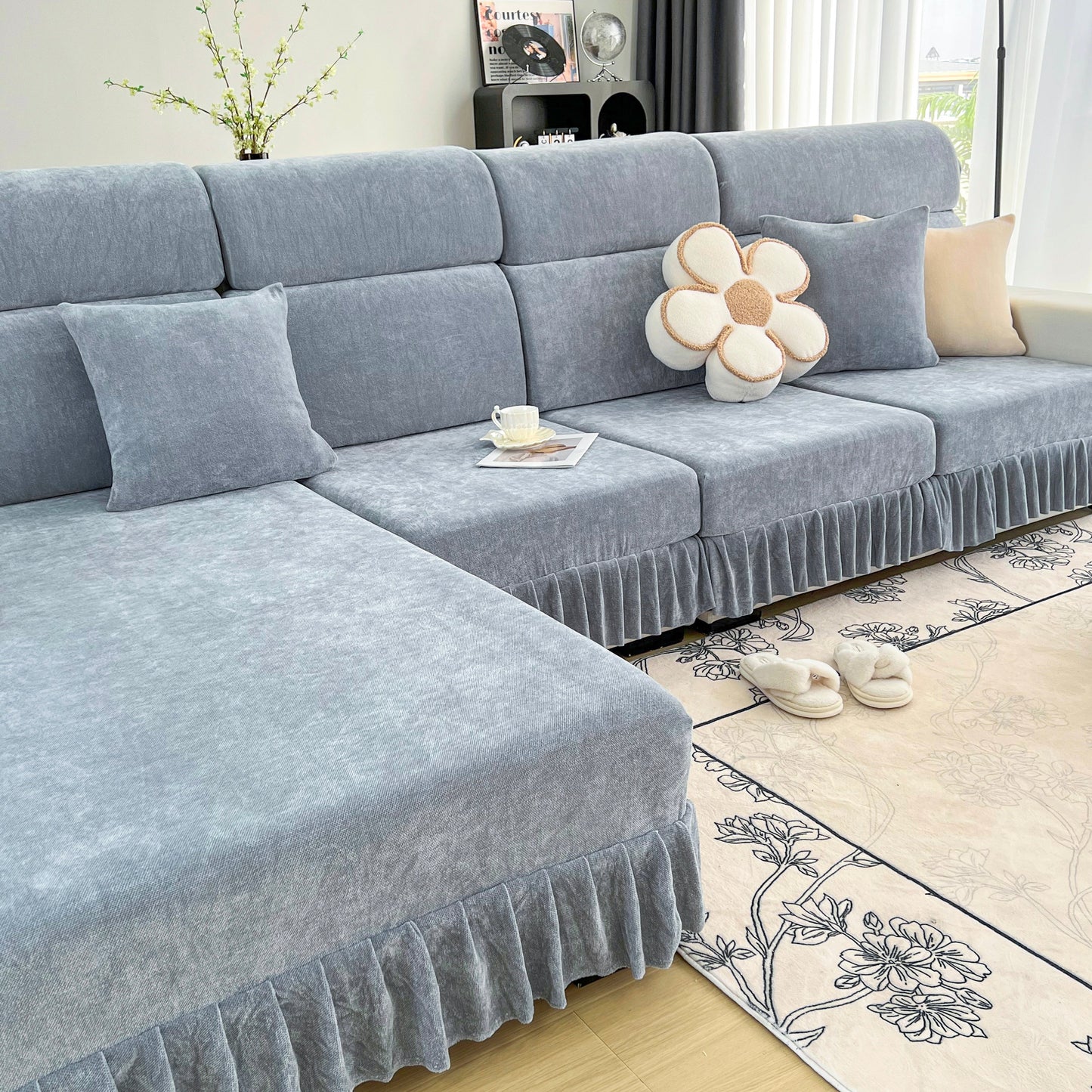 Universal Elastic Skirt Sofa Slipcover, Stretch Sofa Cushion Cover For Bedroom Office Living Room on a modern grey sofa