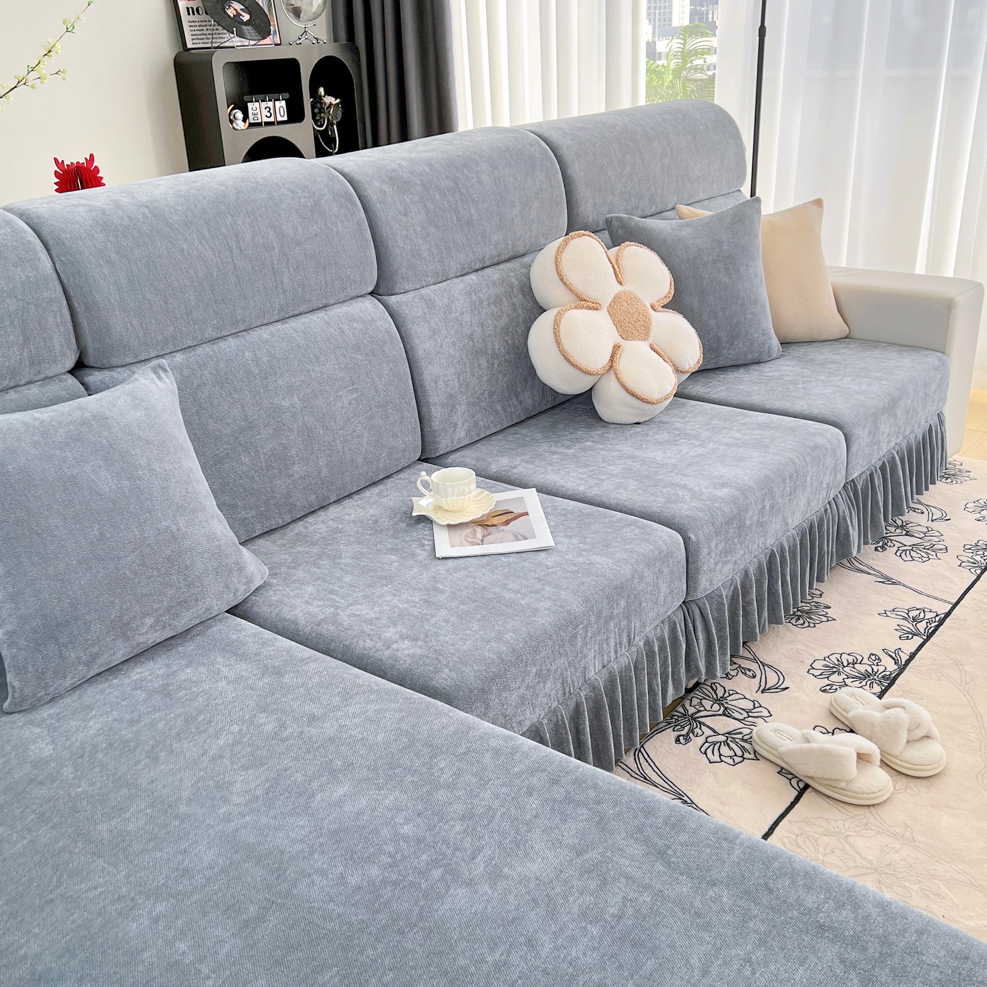 Universal Elastic Skirt Sofa Slipcover, Stretch Sofa Cushion Cover For Bedroom Office Living Room in modern interior setting