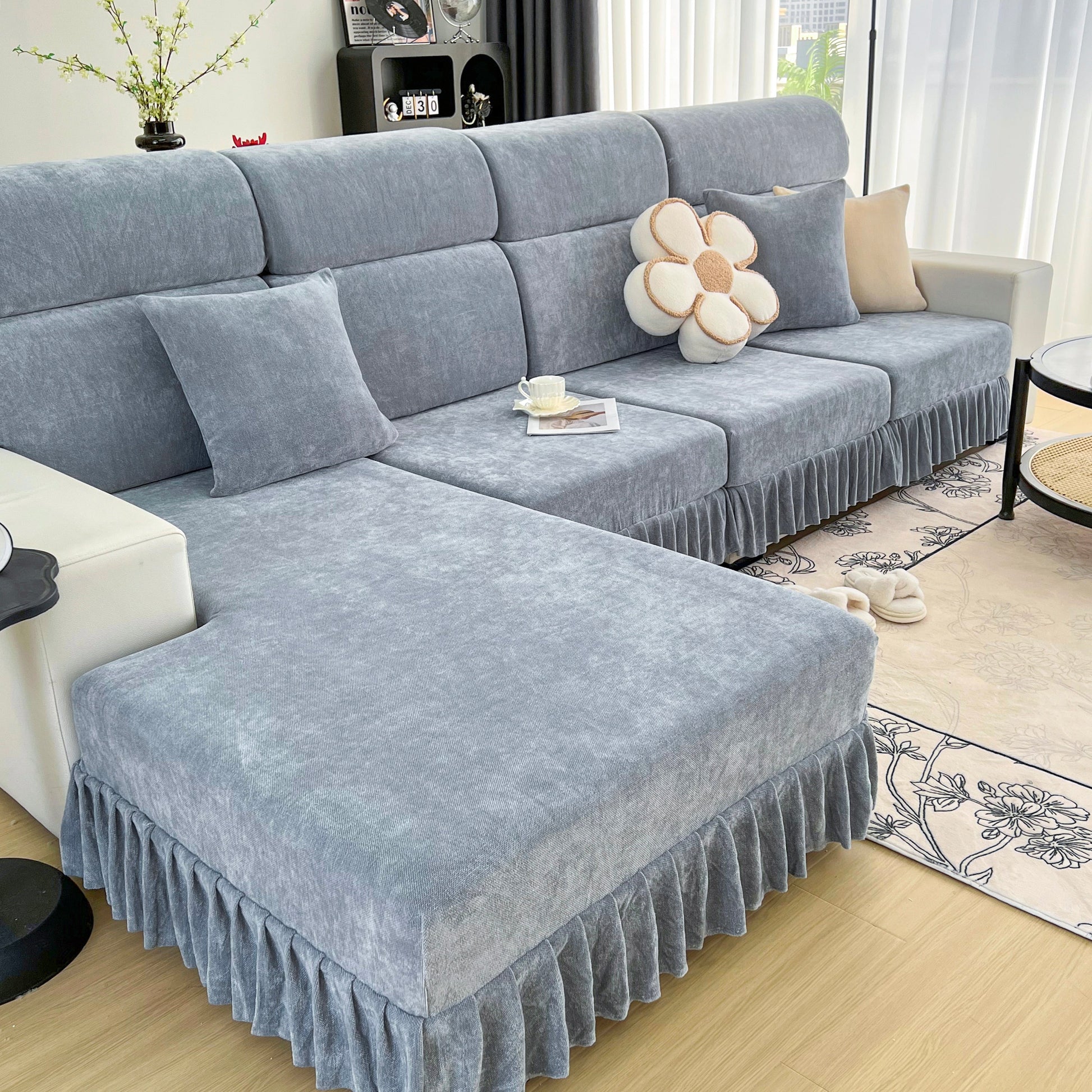 Universal Elastic Skirt Sofa Slipcover, Stretch Sofa Cushion Cover For Bedroom Office Living Room on a gray sofa with pillows