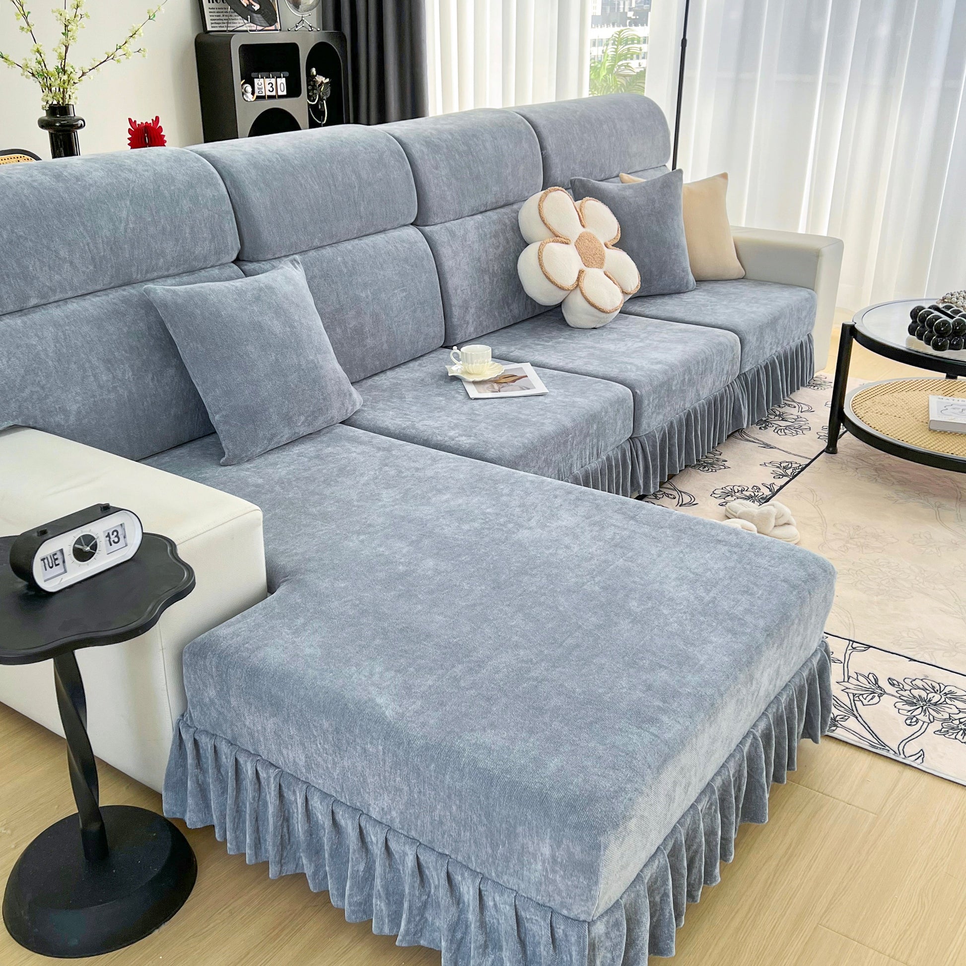 Universal Elastic Skirt Sofa Slipcover, Stretch Sofa Cushion Cover For Bedroom Office Living Room on modern grey sofa