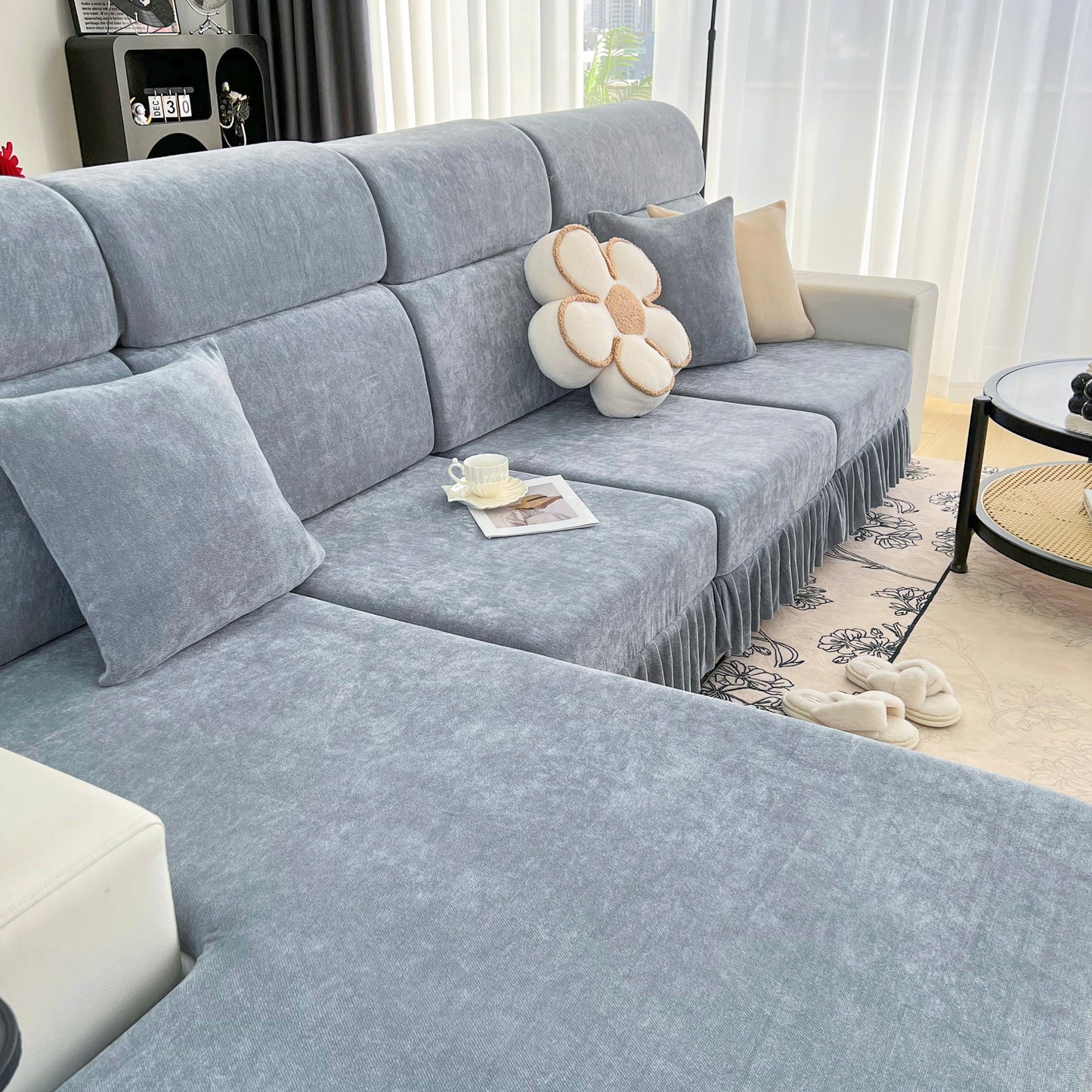 Universal Elastic Skirt Sofa Slipcover, Stretch Sofa Cushion Cover For Bedroom Office Living Room in gray chenille fabric