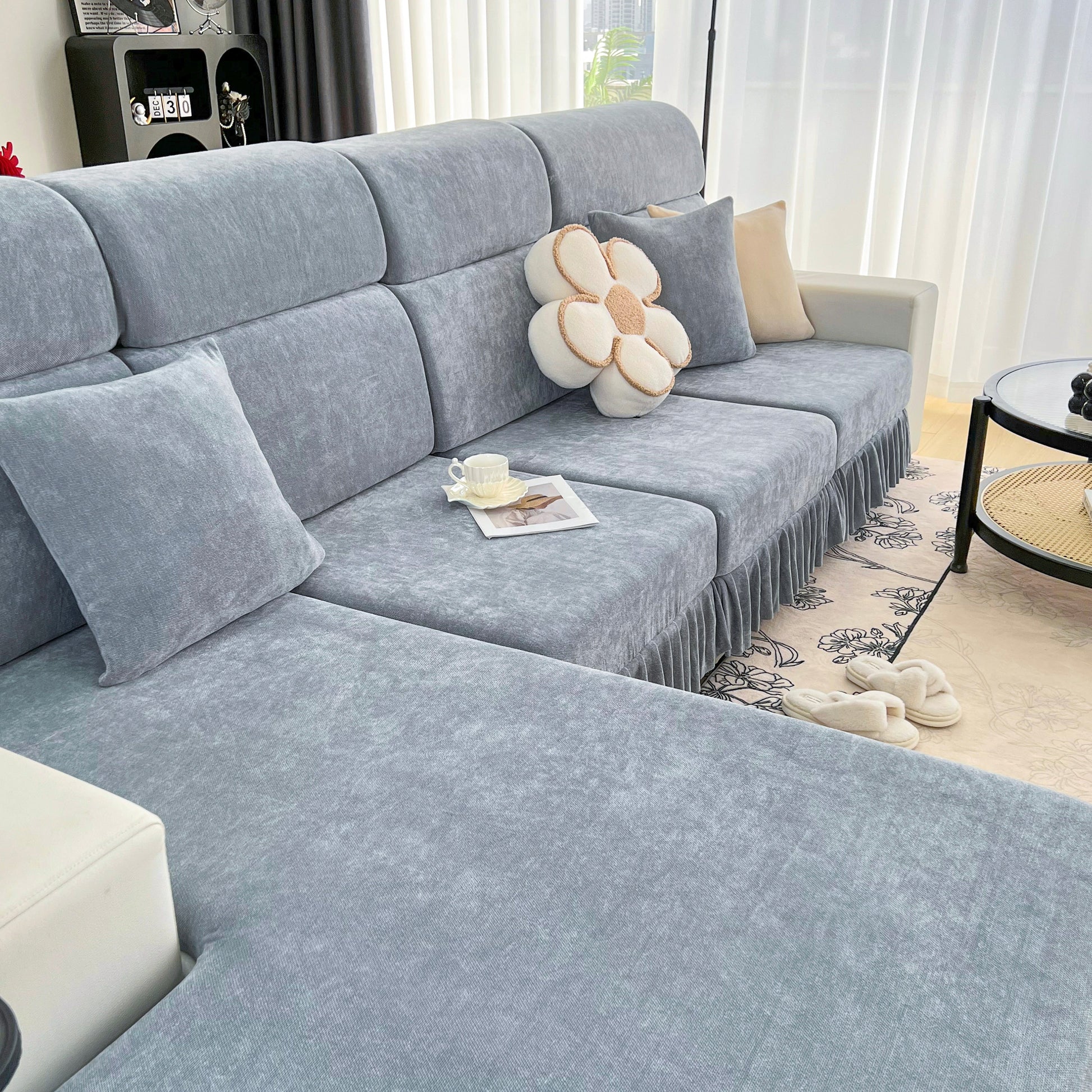 Universal Elastic Skirt Sofa Slipcover, Stretch Sofa Cushion Cover For Bedroom Office Living Room in gray chenille fabric