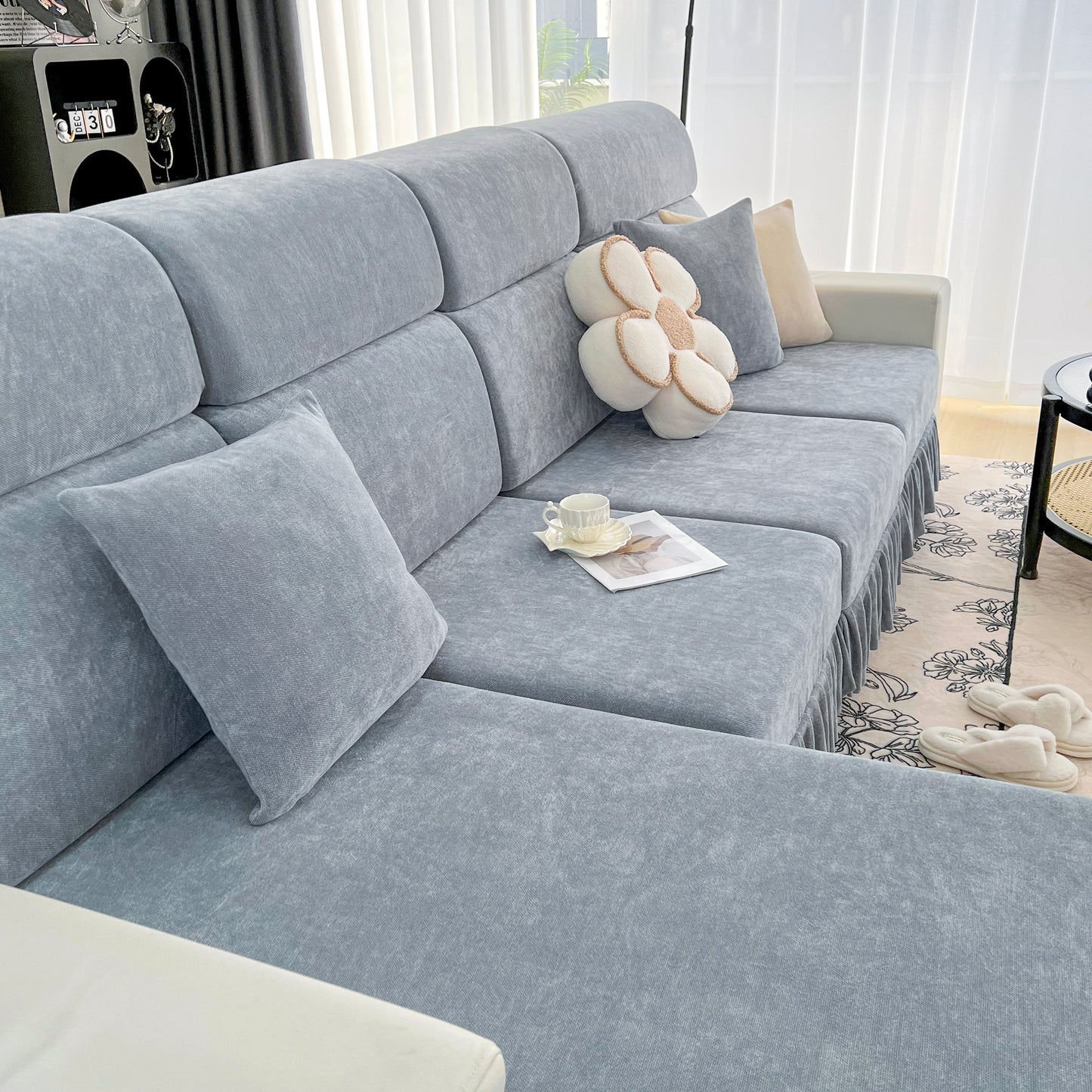 Universal Elastic Skirt Sofa Slipcover, Stretch Sofa Cushion Cover For Bedroom Office Living Room in grey chenille fabric