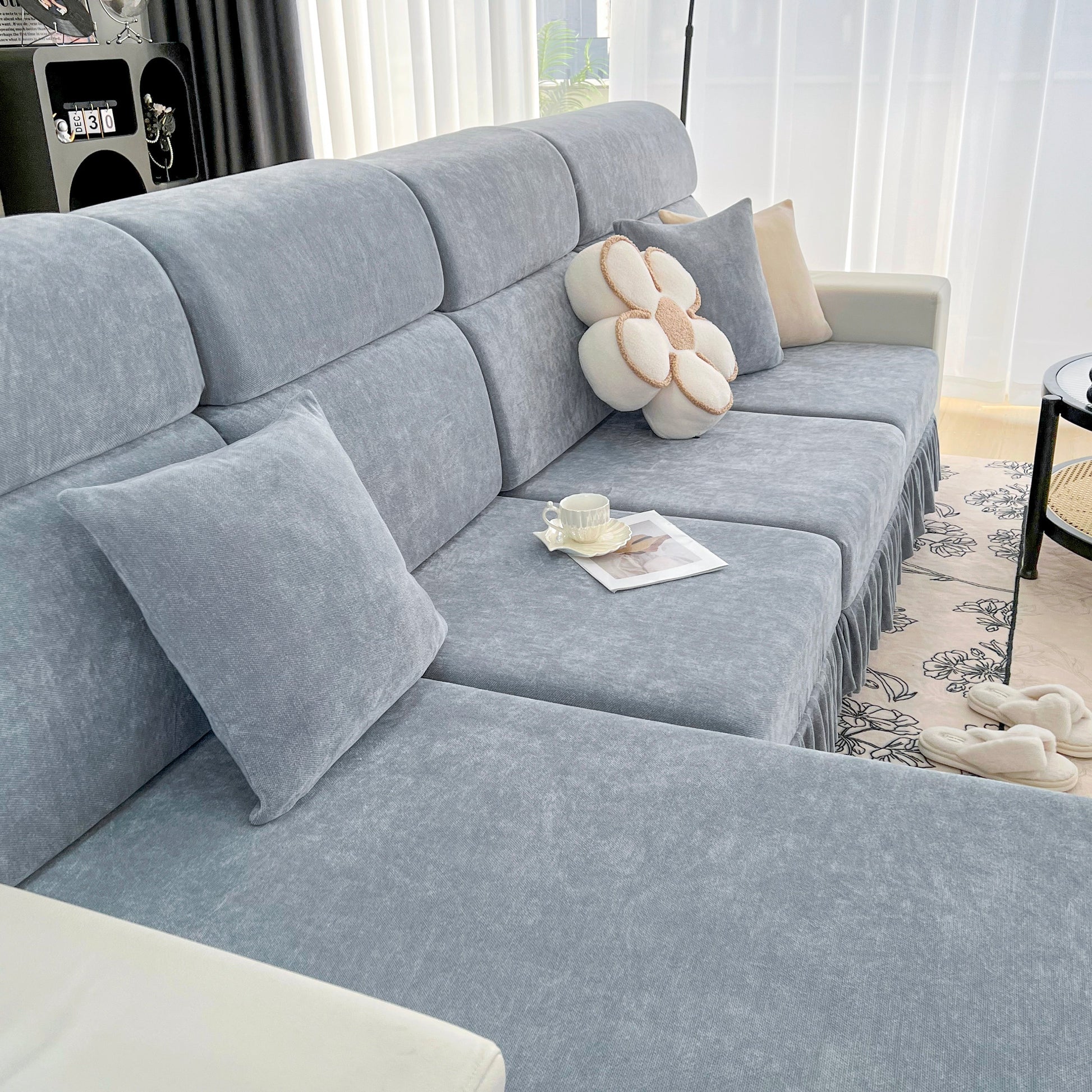 Universal Elastic Skirt Sofa Slipcover, Stretch Sofa Cushion Cover For Bedroom Office Living Room in grey chenille fabric