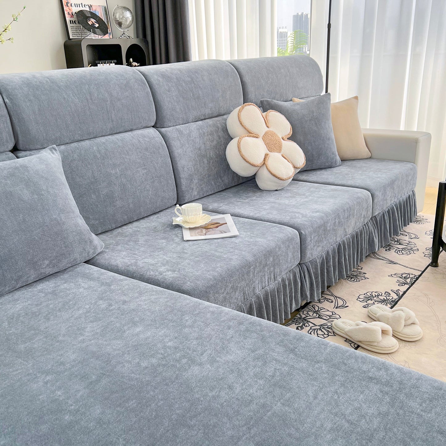 Universal Elastic Skirt Sofa Slipcover, Stretch Sofa Cushion Cover For Bedroom Office Living Room in gray on a modern couch