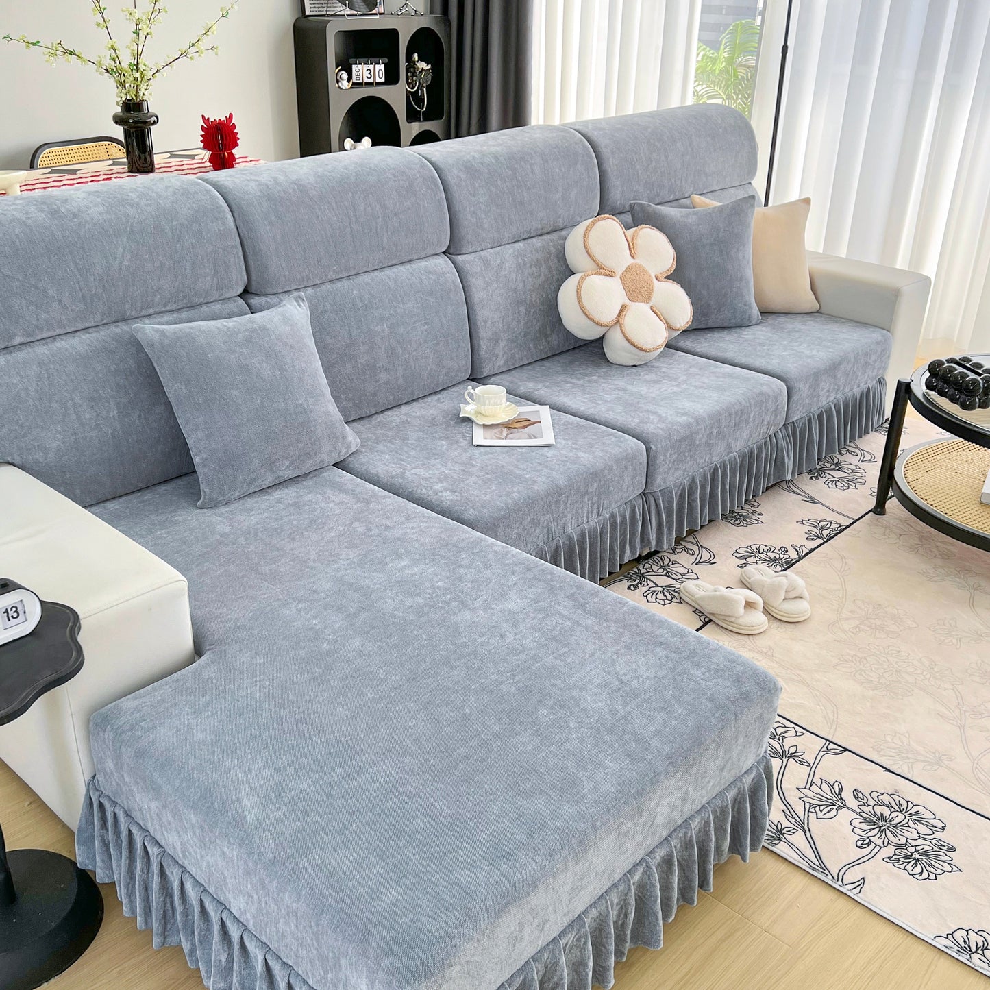 Universal Elastic Skirt Sofa Slipcover, Stretch Sofa Cushion Cover For Bedroom Office Living Room in light grey Chenille fabric
