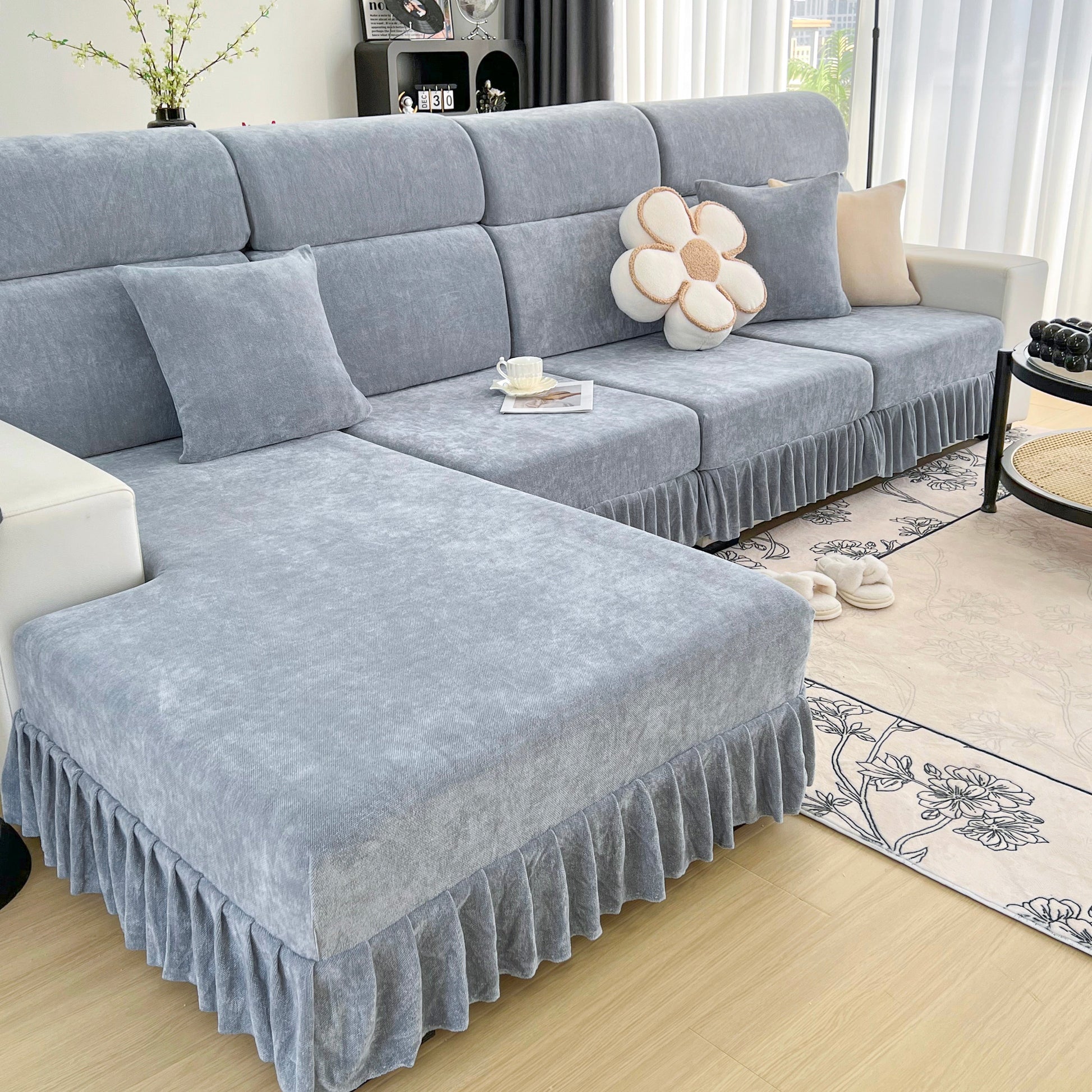 Universal Elastic Skirt Sofa Slipcover, Stretch Sofa Cushion Cover for Bedroom Office Living Room in a stylish grey setting