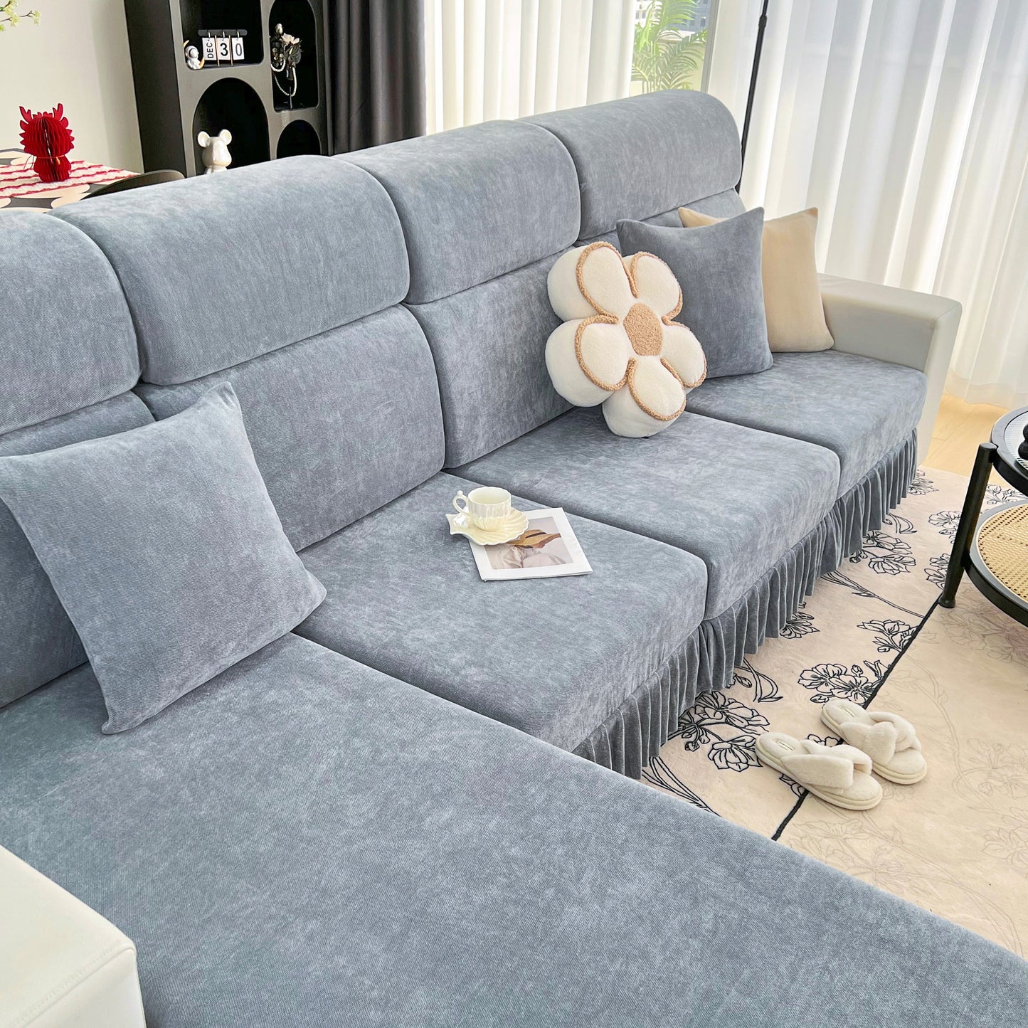Universal Elastic Skirt Sofa Slipcover, Stretch Sofa Cushion Cover For Bedroom Office Living Room in stylish grey, cozy setting