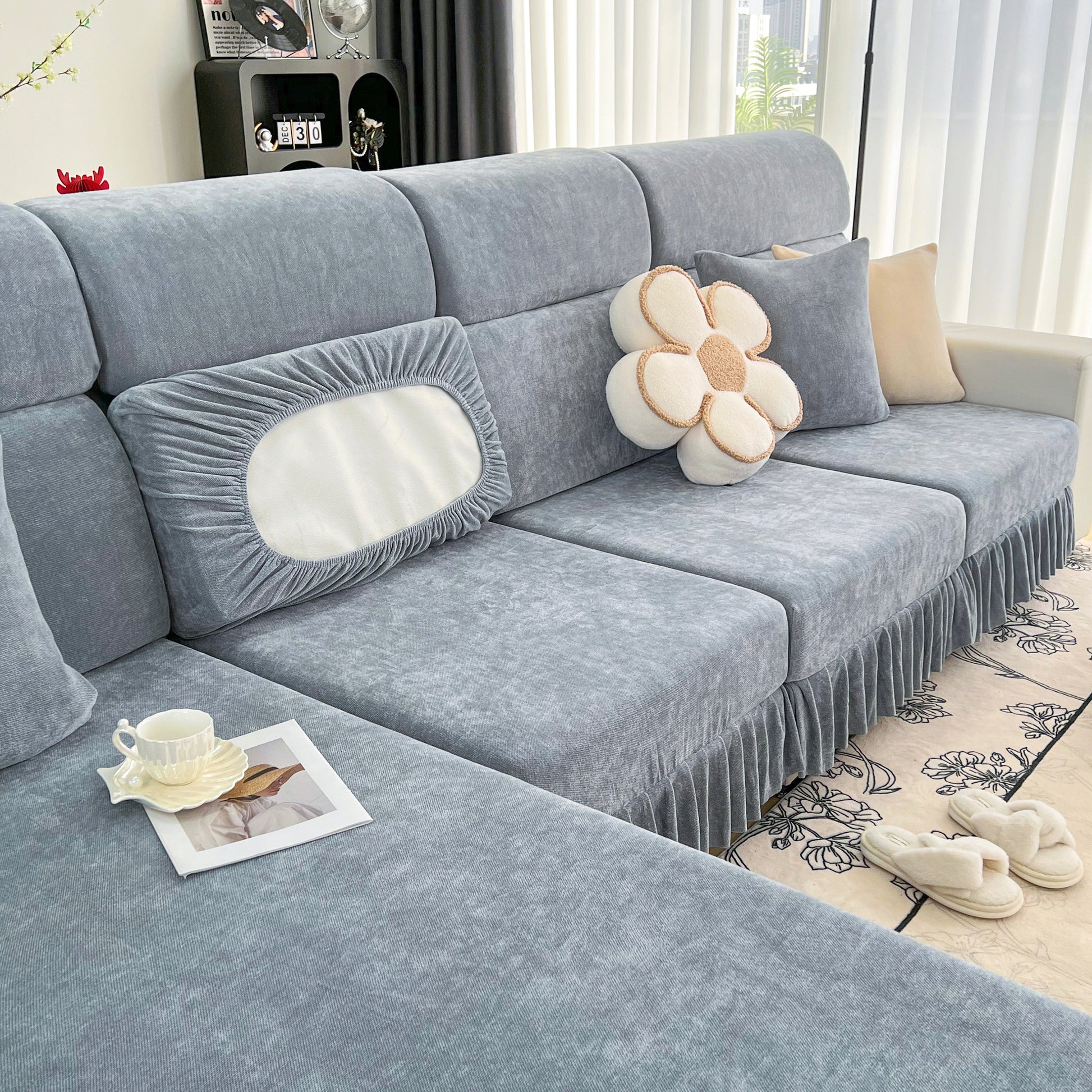 Universal Elastic Skirt Sofa Slipcover, Stretch Sofa Cushion Cover For Bedroom Office Living Room in elegant gray design