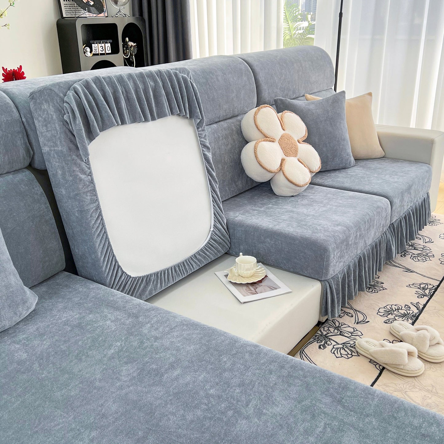 Universal Elastic Skirt Sofa Slipcover, Stretch Sofa Cushion Cover For Bedroom Office Living Room shown on a living room sofa